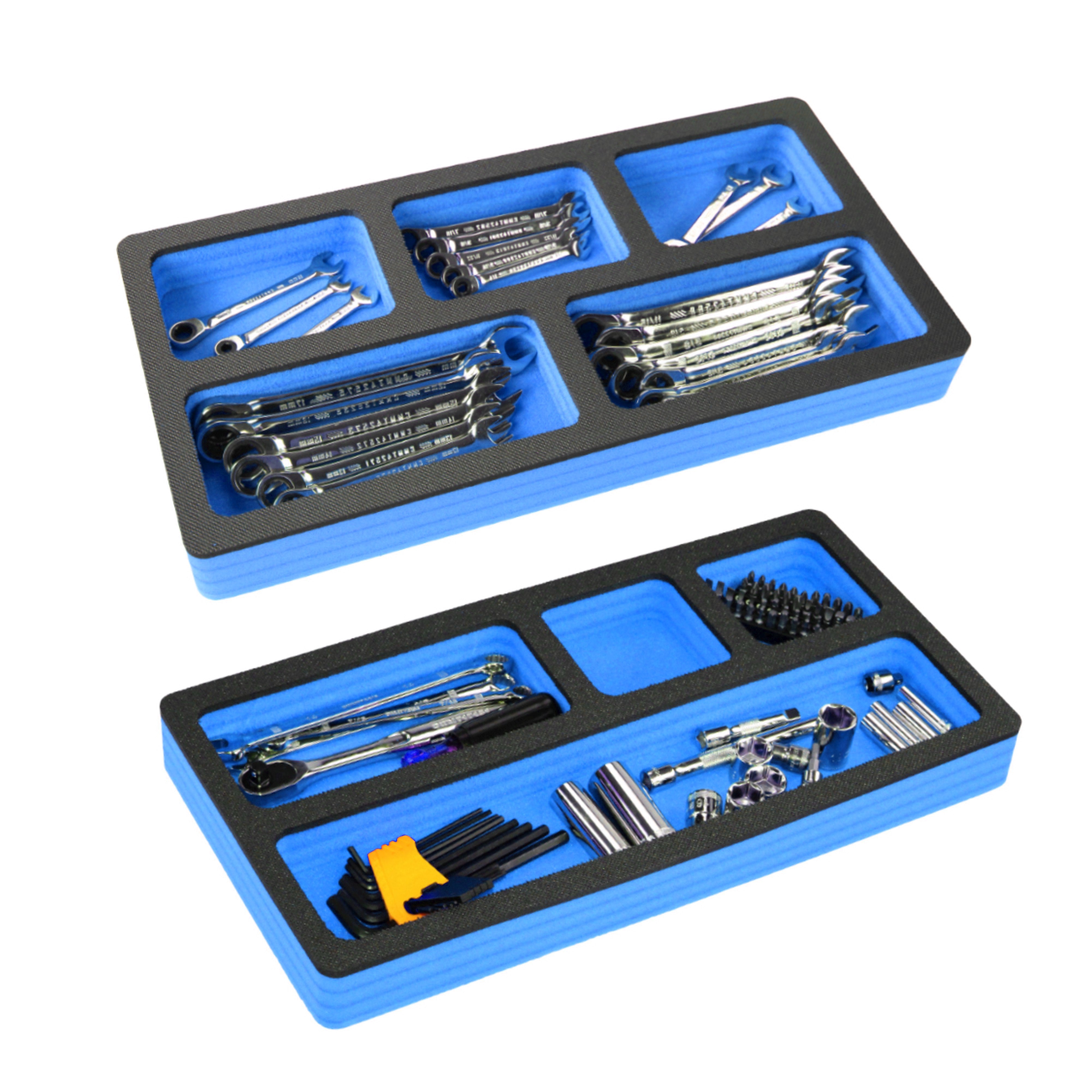 Tool Drawer Organizer 2-Piece Insert Set Blue and Black Durable Foam Non-Slip Anti-Rattle Bin Holder Tray 20 x 10 Inch Large Pockets Fits Craftsman Husky Kobalt Milwaukee and Many Others