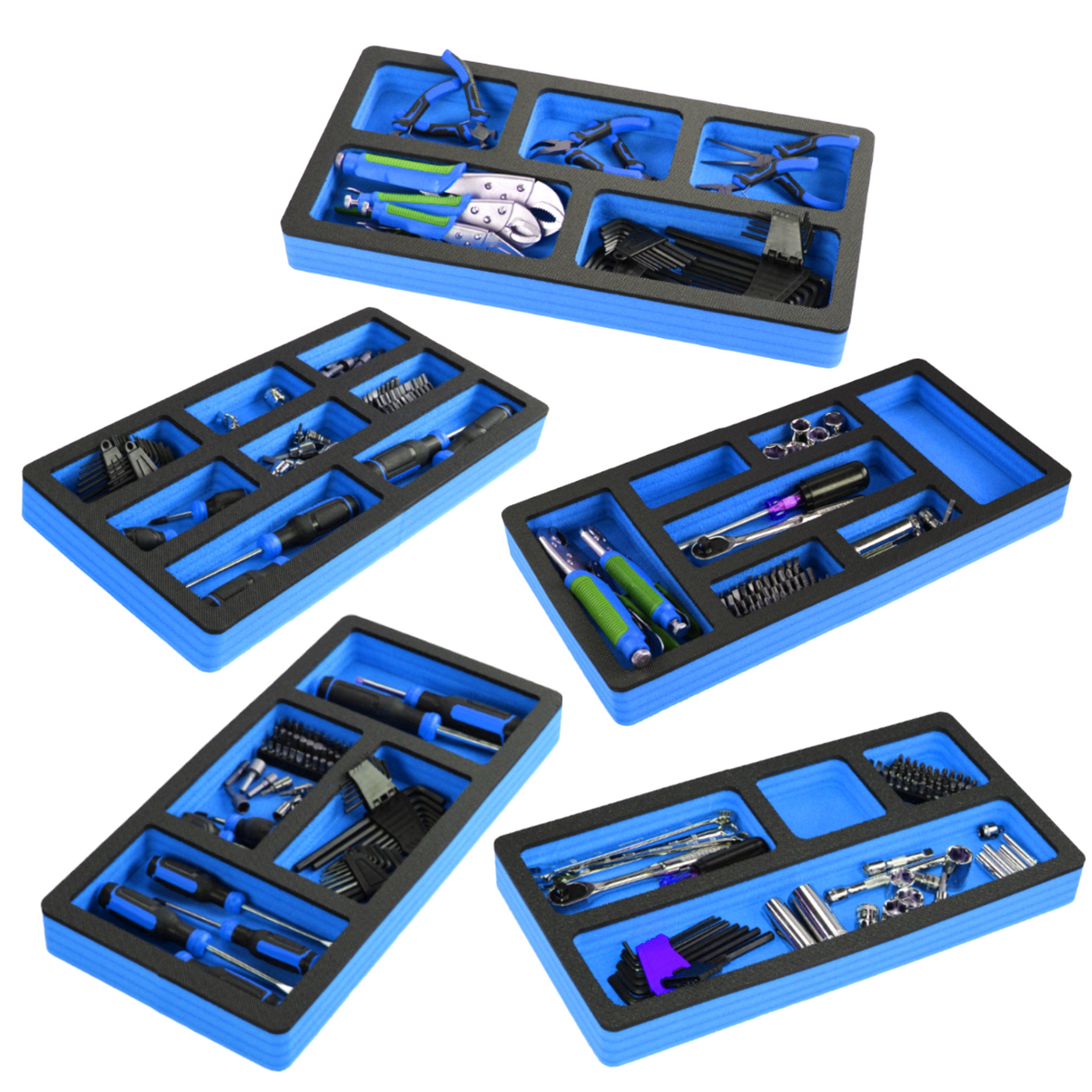 Tool Drawer Organizer 5-Piece Insert Set Blue and Black Durable Foam Non-Slip Anti-Rattle Bin Holder Tray 20 x 10 Inches Large Pockets Fits Craftsman Husky Kobalt Milwaukee and Many Others