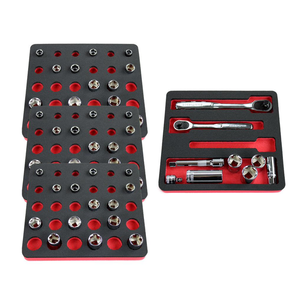 Tool Drawer Organizer 4-Piece Ratchet and Socket Insert Set Red Black Durable Foam Holds Many Tools and Accessories 10 x 11 Inch Trays Fits Craftsman Husky Kobalt Milwaukee Many Others