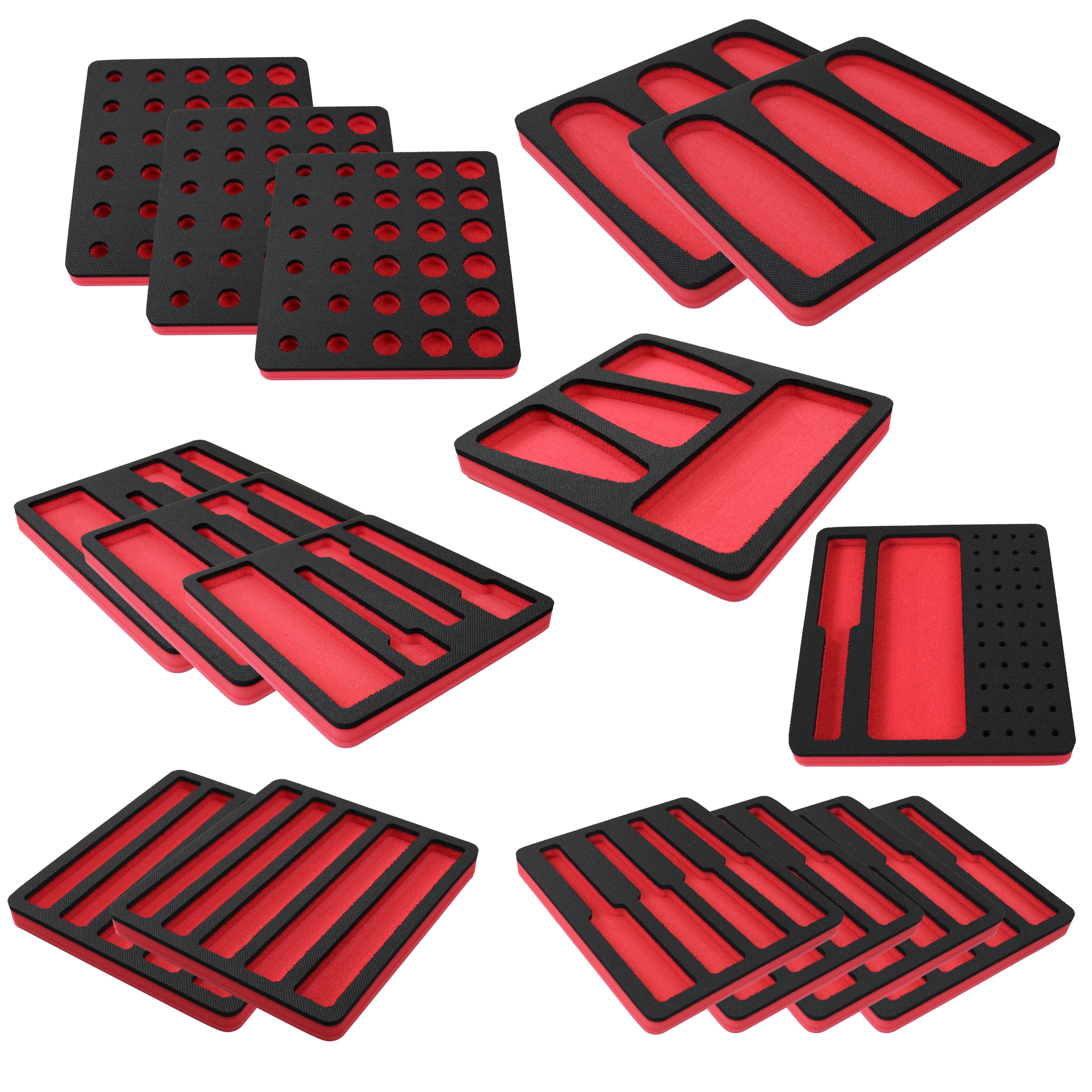 Tool Drawer Organizer 16-Piece Insert Set Red and Black Durable Foam Holds Many Tools and Accessories 10 x 11 Inch Trays Fits Craftsman Husky Kobalt Milwaukee Many Others