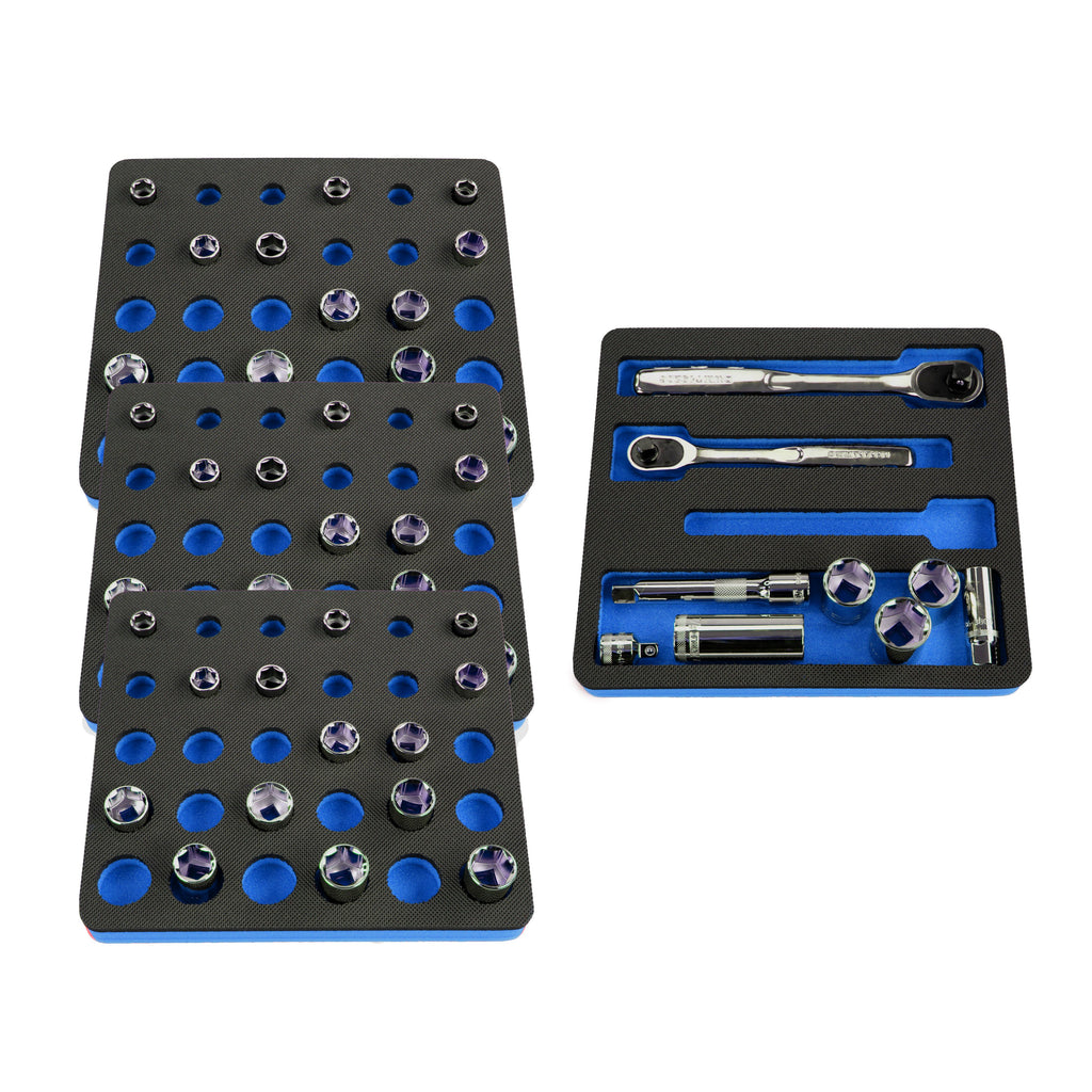 Tool Drawer Organizer 4-Piece Ratchet and Socket Insert Set Blue Black Durable Foam Holds Many Tools and Accessories 10 x 11 Inch Trays Fits Craftsman Husky Kobalt Milwaukee Many Others