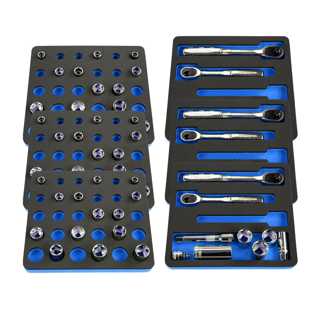 Tool Drawer Organizer 6-Piece Ratchet and Socket Insert Set Blue Black Durable Foam Holds Many Tools and Accessories 10 x 11 Inch Trays Fits Craftsman Husky Kobalt Milwaukee Many Others