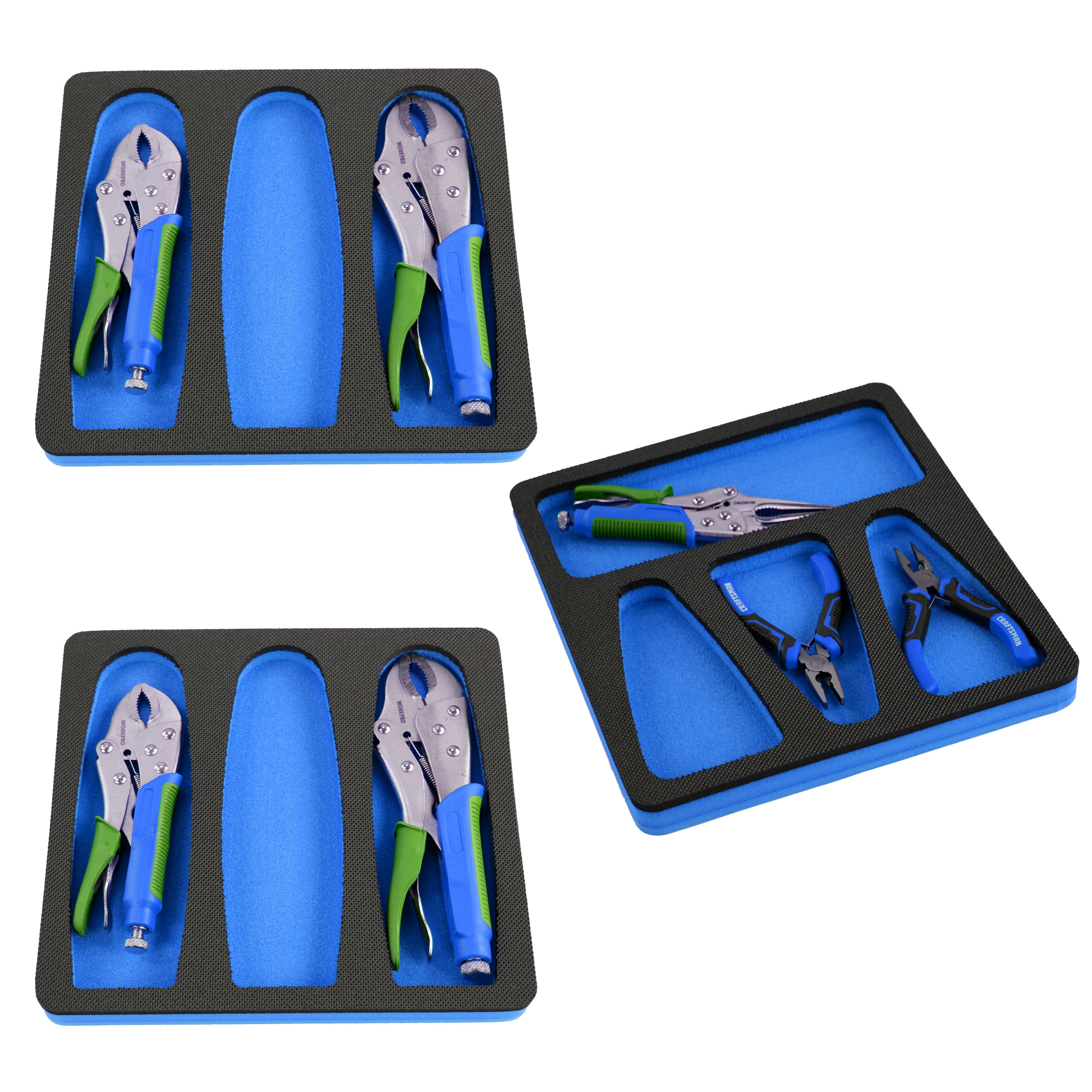 Tool Drawer Organizer 3-Piece Pliers Insert Set Blue and Black Durable Foam Holds Many Tools and Accessories 10 x 11 Inch Trays Fits Craftsman Husky Kobalt Milwaukee Many Others