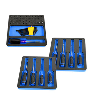 Tool Drawer Organizer 3-Piece Screwdriver Bit Driver Insert Set Blue and Black Durable Foam Holds Many Tools 10 x 11 Inch Trays Fits Craftsman Husky Kobalt Milwaukee Many Others