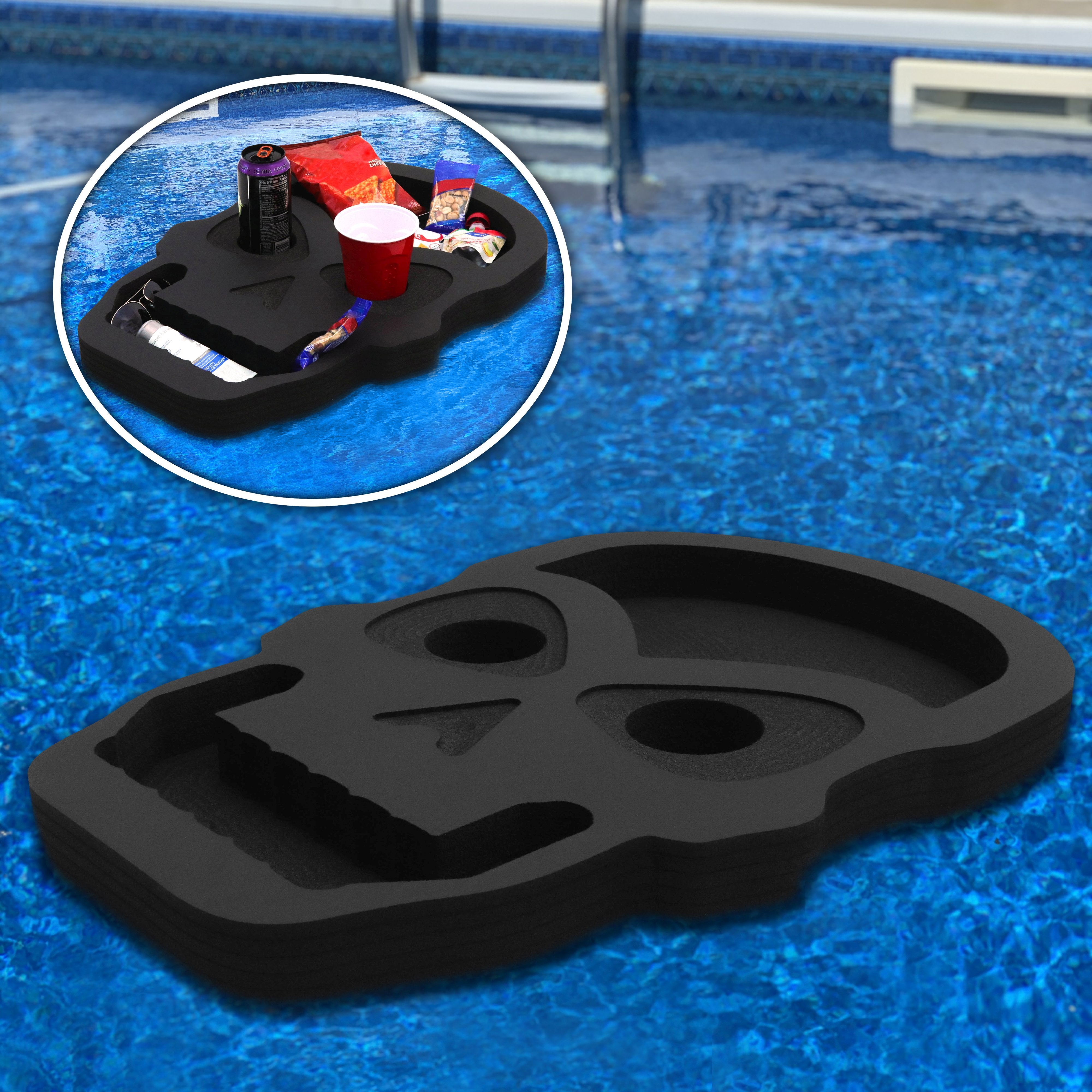 Skull Drink Holder Floating Refreshment Table Tray for Pool or Beach Party Float Lounge Durable Black Foam 4 Compartment with Cup Holders 2 Feet