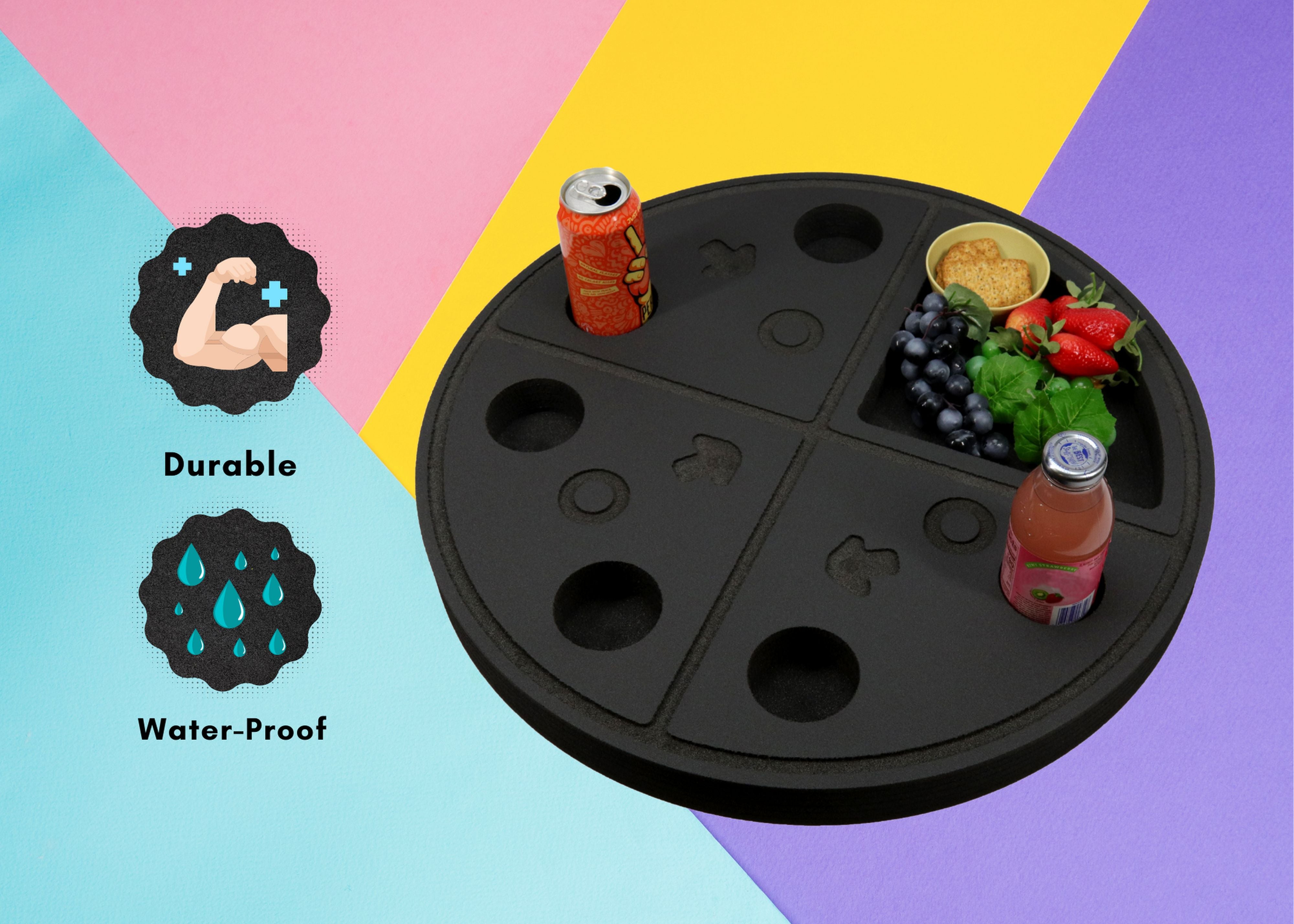 Floating Drink Cup Holder Pool Pizza Shape Black Foam 7 Compartment 2 Feet