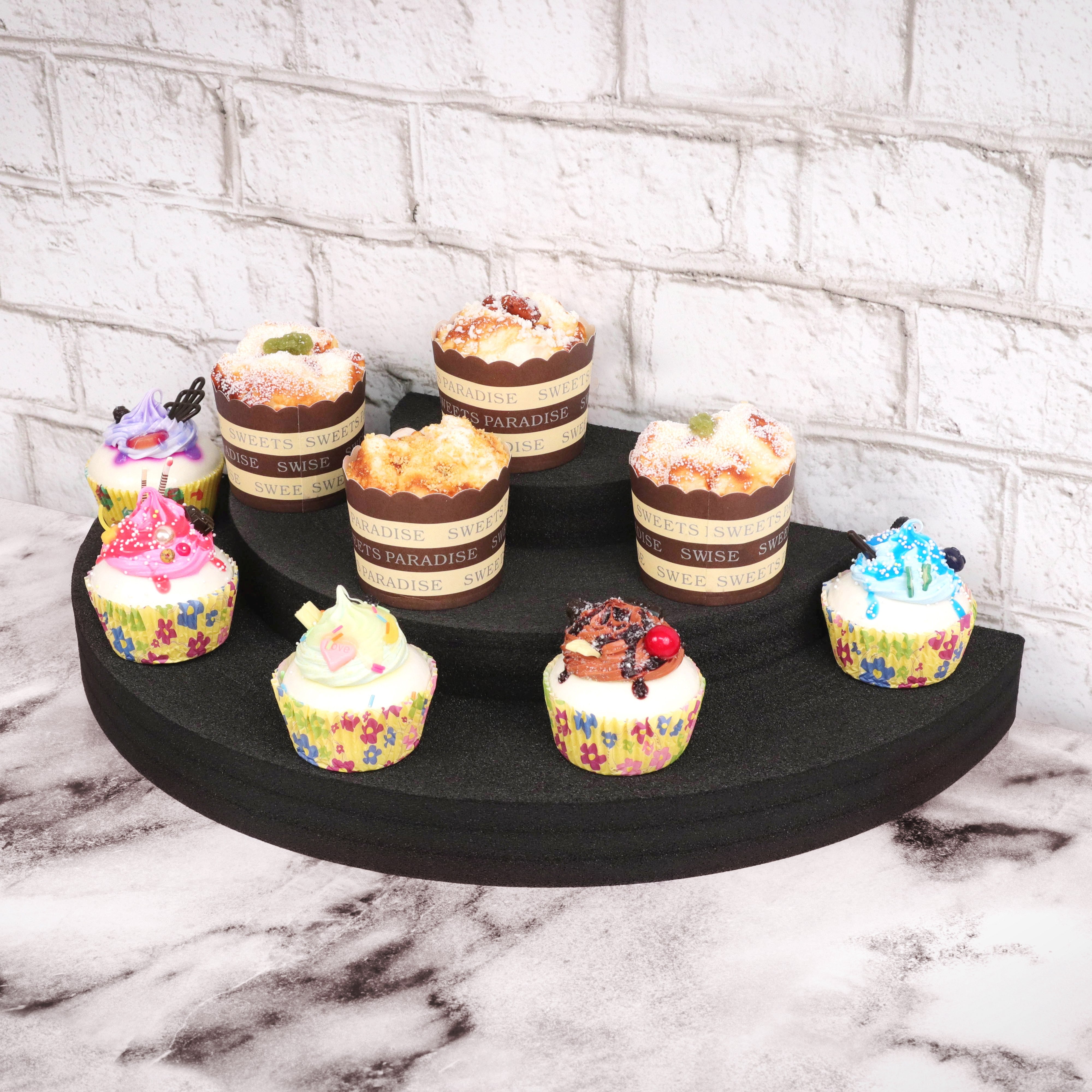 Dessert Cupcake Display Stand 3 Tier Half Circle Kitchen Dining Room Countertop Durable Black Foam Washable Waterproof 18 x 9 x 4 Inches