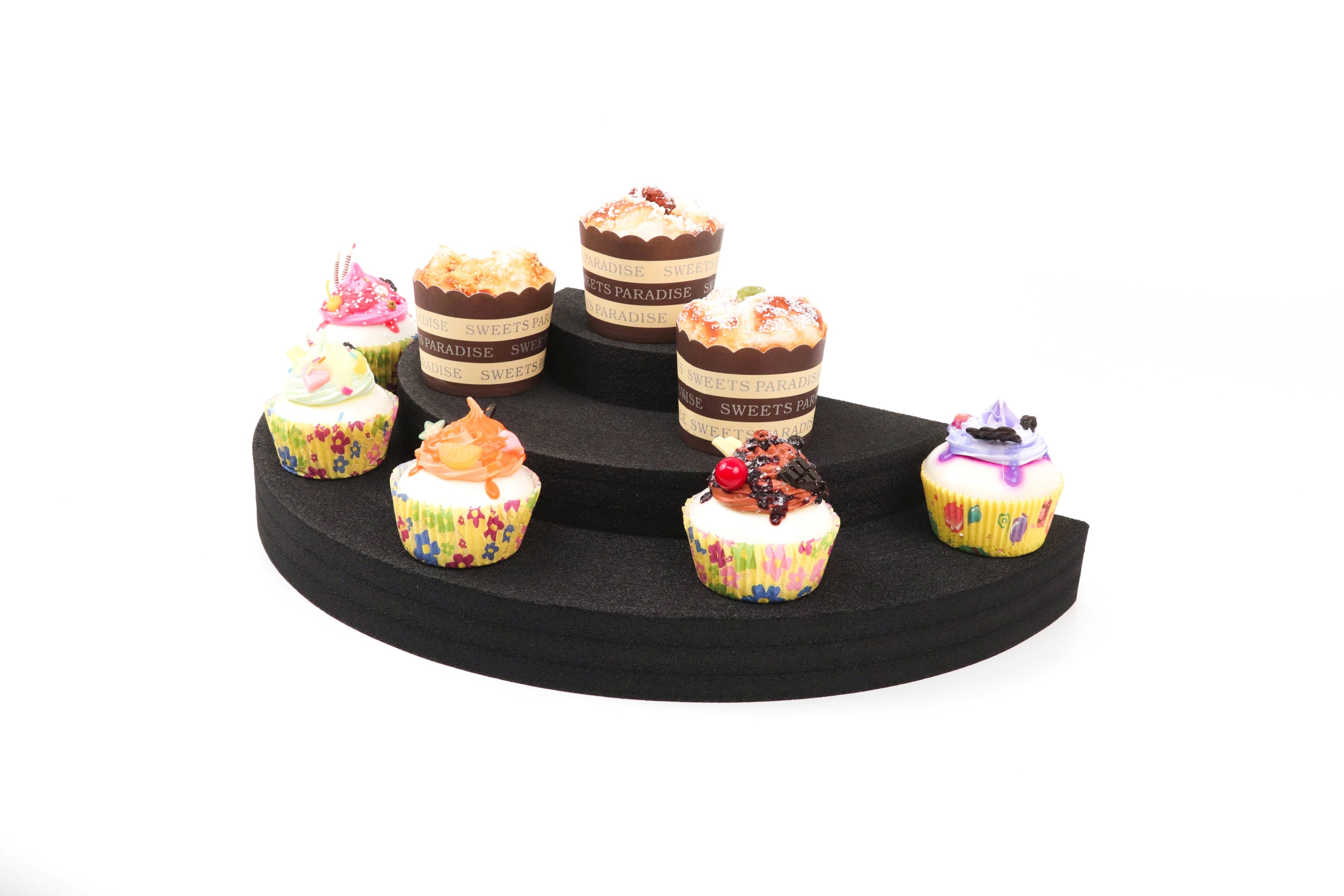 Dessert Cupcake Display Stand 3 Tier Half Circle Kitchen Dining Room Countertop Durable Black Foam Washable Waterproof 18 x 9 x 4 Inches