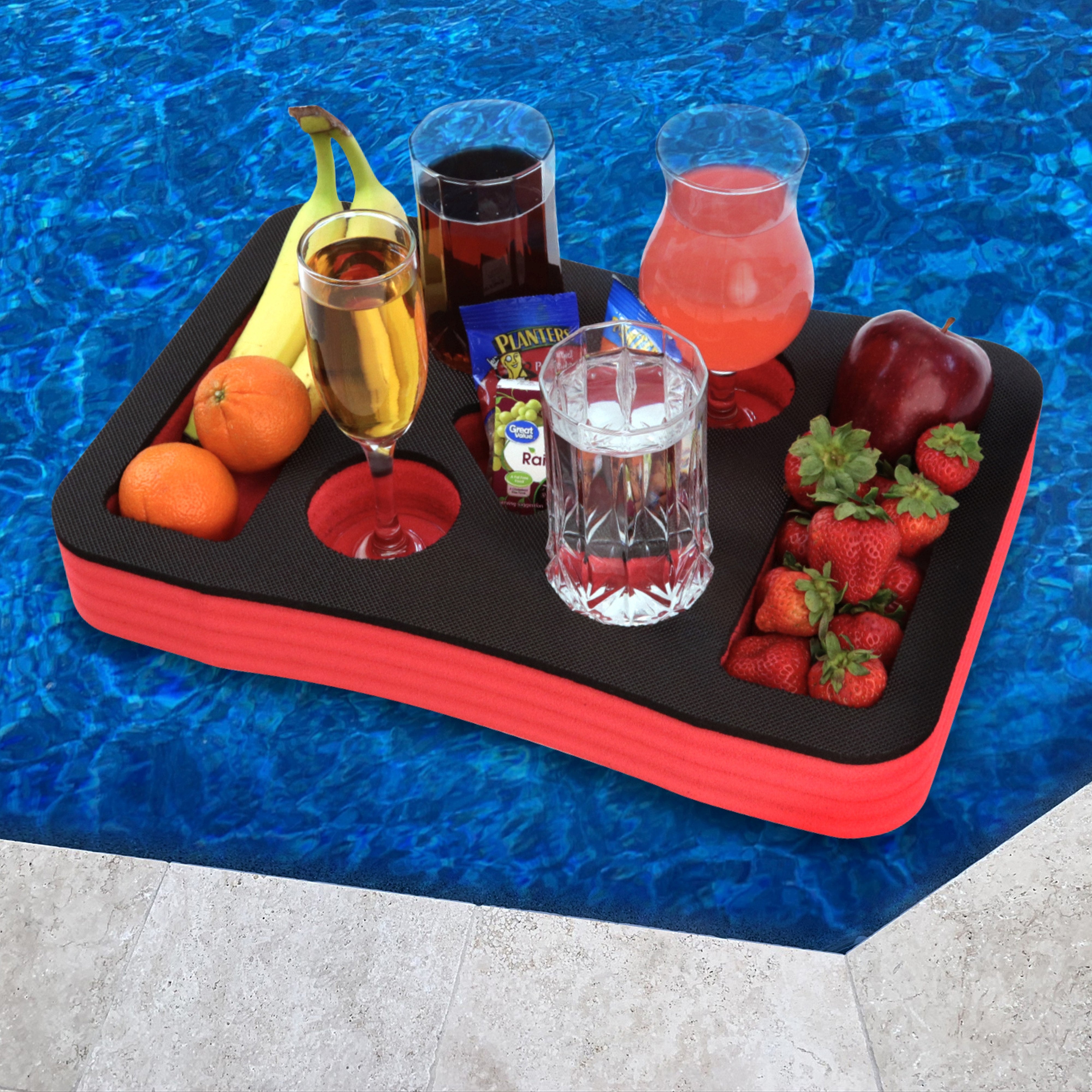 Floating Spa Hot Tub Bar Drink and Food Table Red and Black Refreshment Tray for Pool or Beach Party Float Lounge Durable Foam 7 Compartment