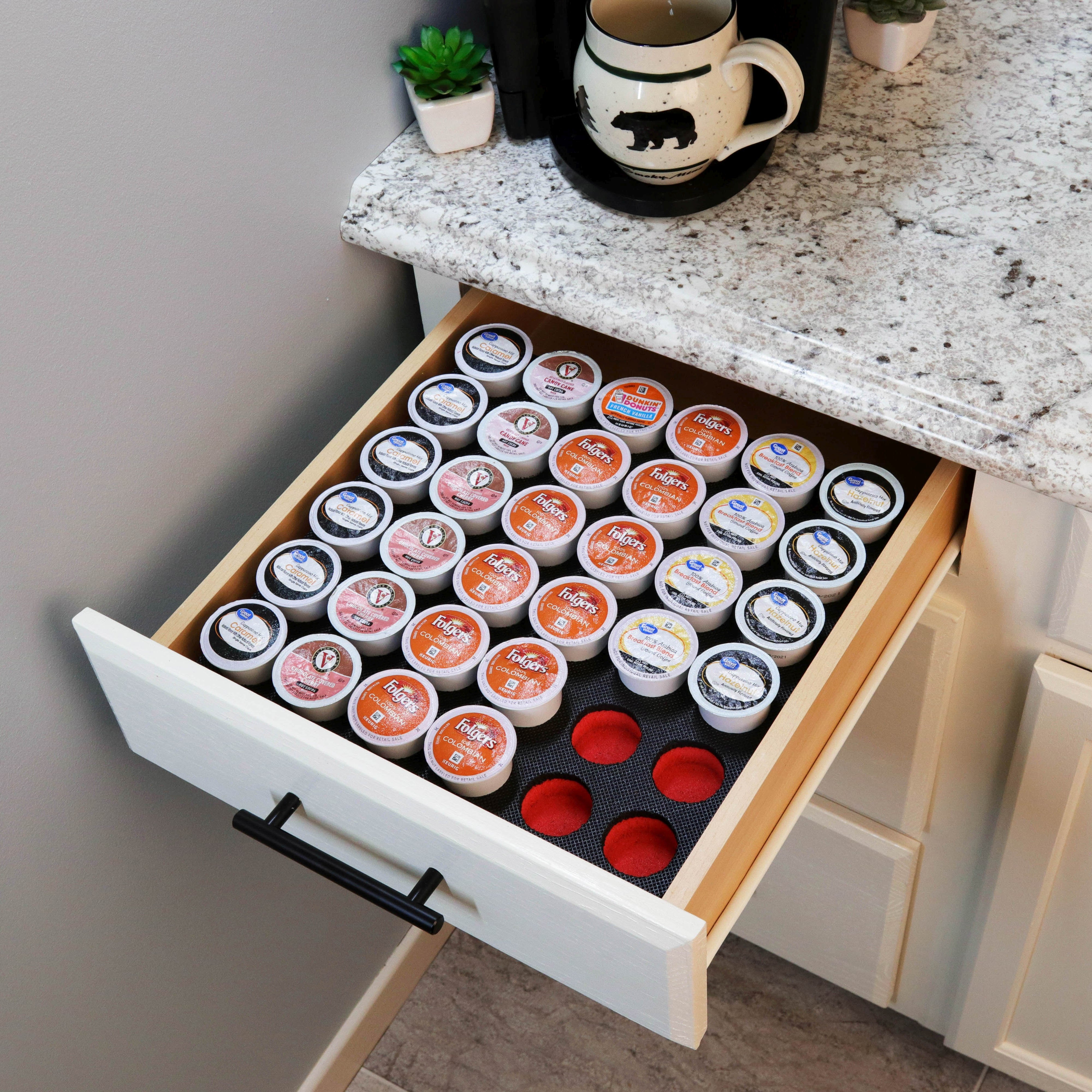 Coffee Red and Black Pod Storage Deluxe Organizer Tray Drawer Insert Washable 12.5 X 12.5 Inches Holds 36 Compatible with Keurig K-Cup