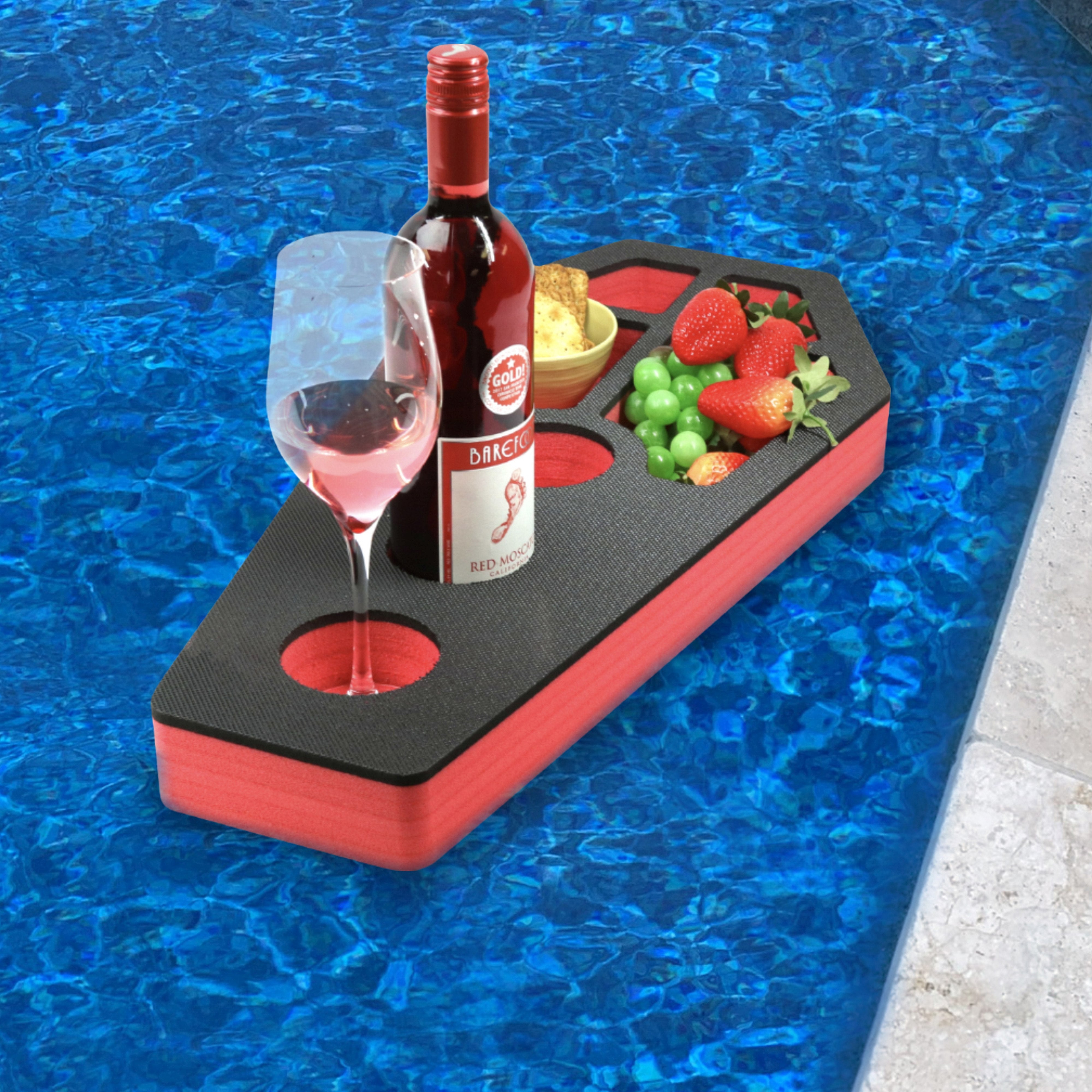 Floating Drink Cup Holder Pool Coffin Shape Black Red Foam 7 Compartment 2 Feet