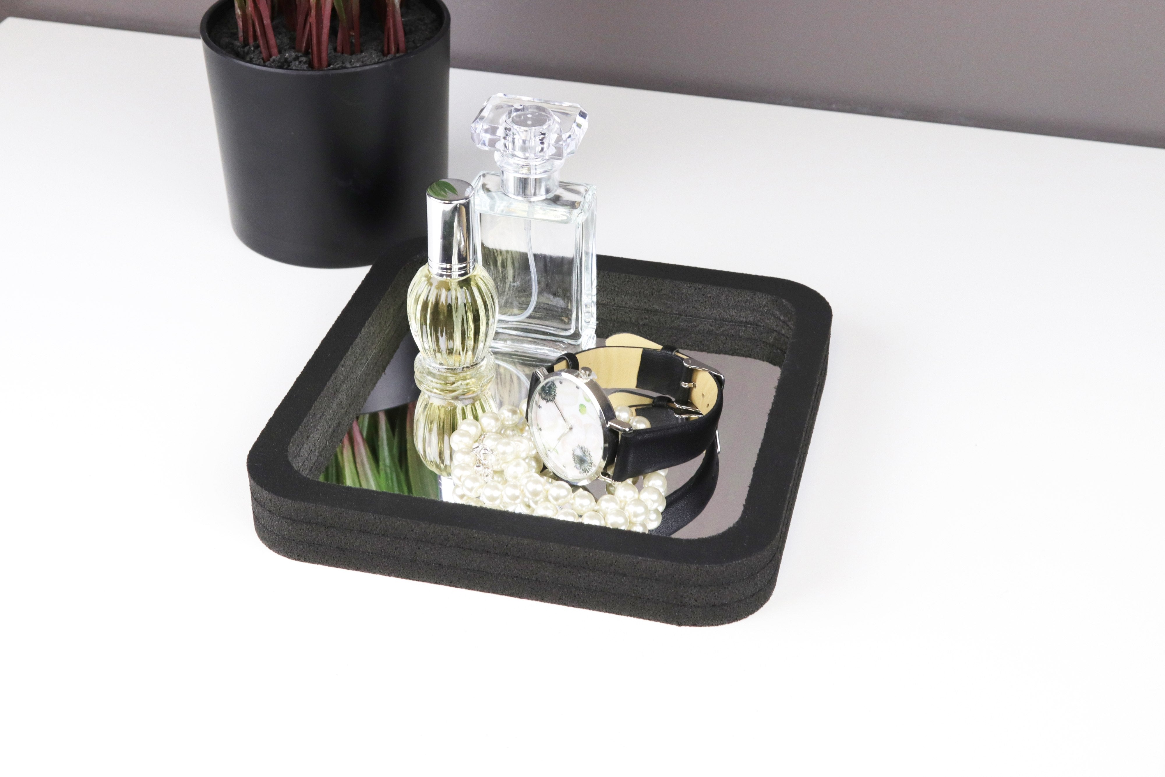 Vanity Organizer Tray with Polished Mirror Bottom 7x7 Inches