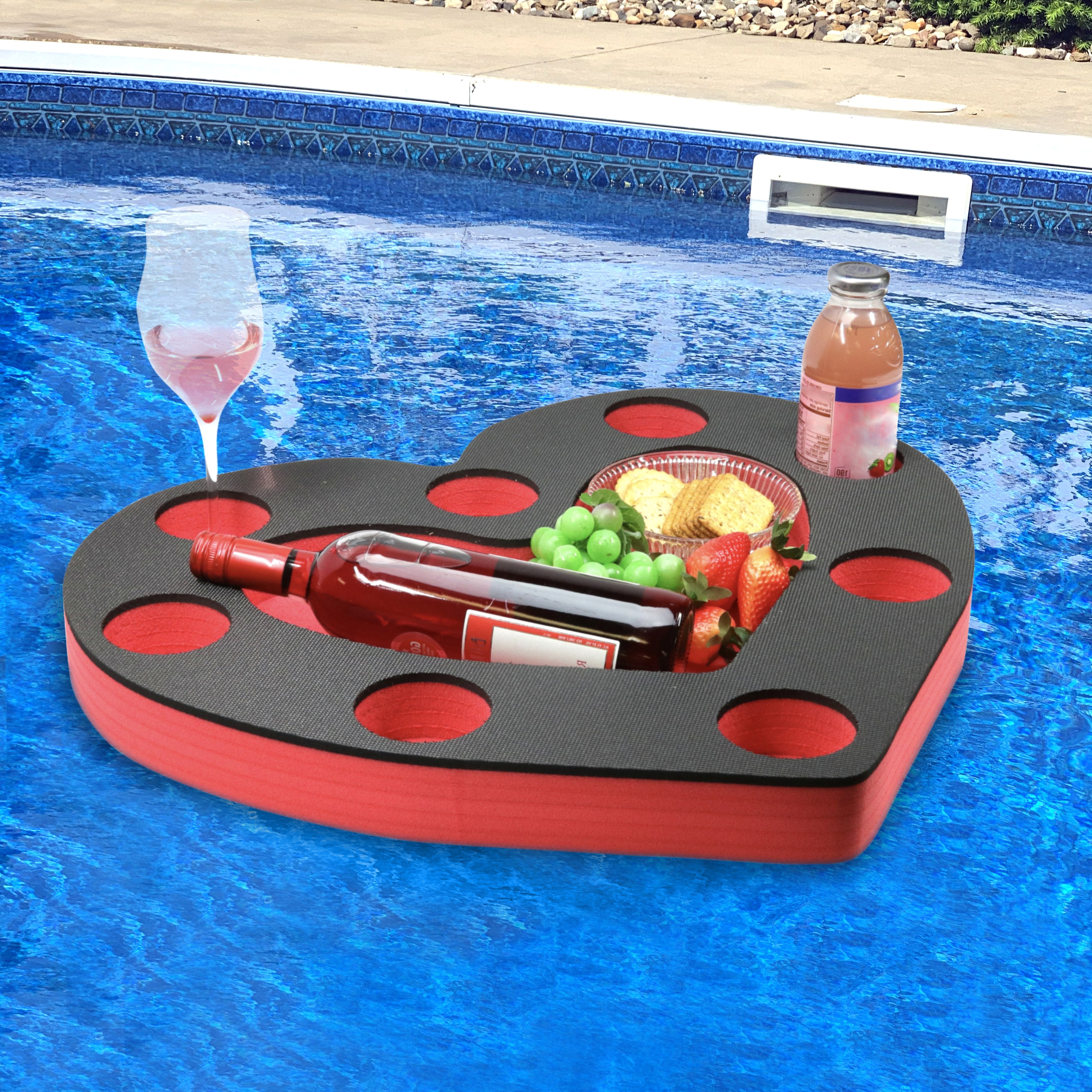 Floating Drink Cup Holder Pool Heart Shape Black Red Foam 9 Compartment 2 Feet
