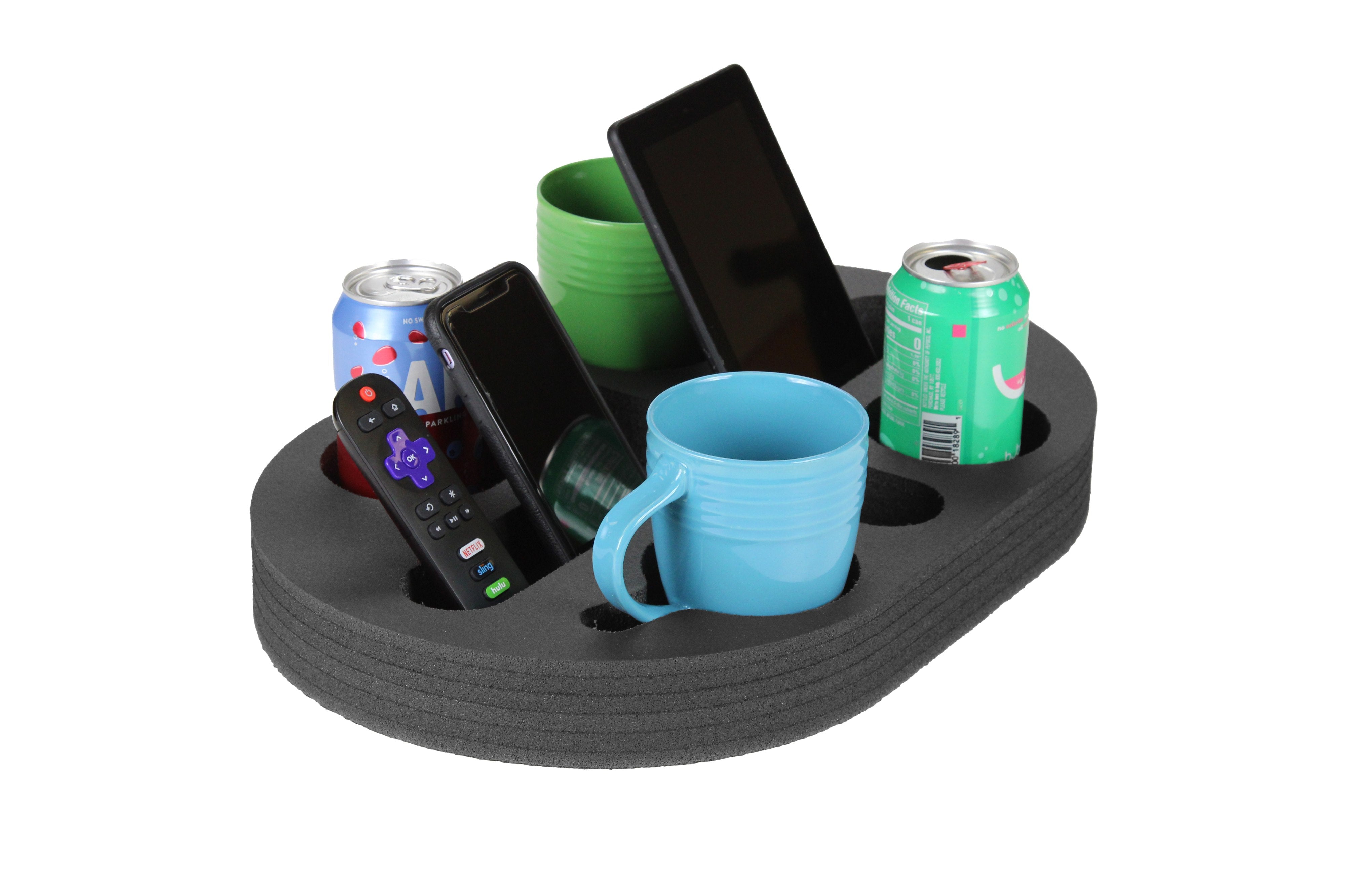 Polar Whale Couch Drink Holder Oval Refreshment Tray for Sofa Bed Floor Car RV Lounge TV Room Durable Black Foam 5 Compartments 18 x 12 Inches