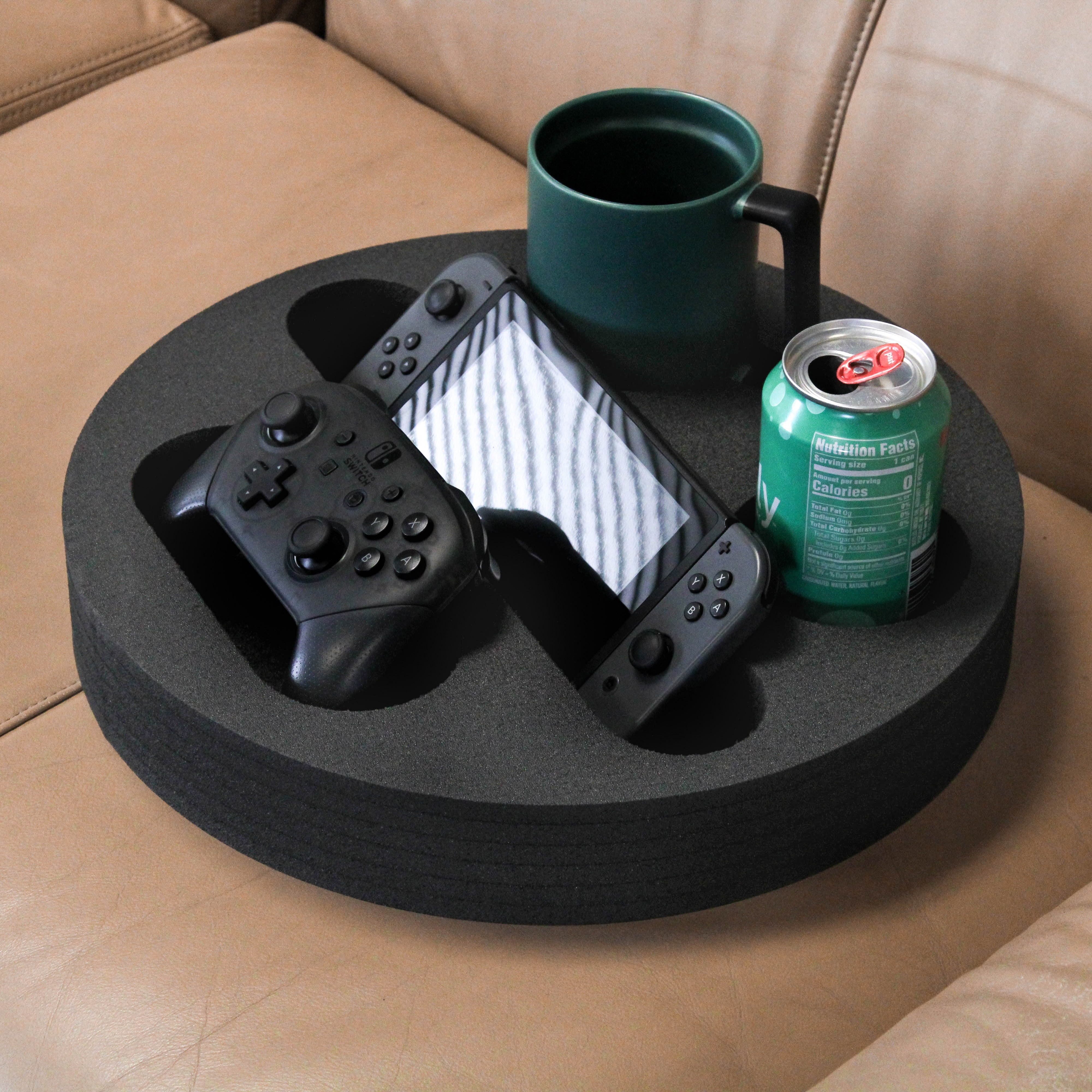 Couch Drink Holder Refreshment Tray for Sofa Bed Floor Car RV Lounge TV Room Black Foam 4 Compartments with Game Controller Slot 13.75 Inches Wide