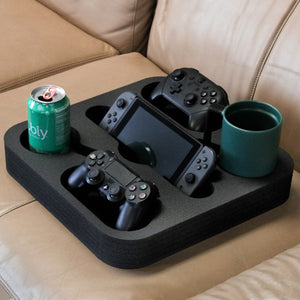 Couch Drink Holder Refreshment for Sofa Bed Floor Car RV Lounge TV Room Black Foam 5 Compartments with 2 Game Controller Slots 13.75 Inches Wide