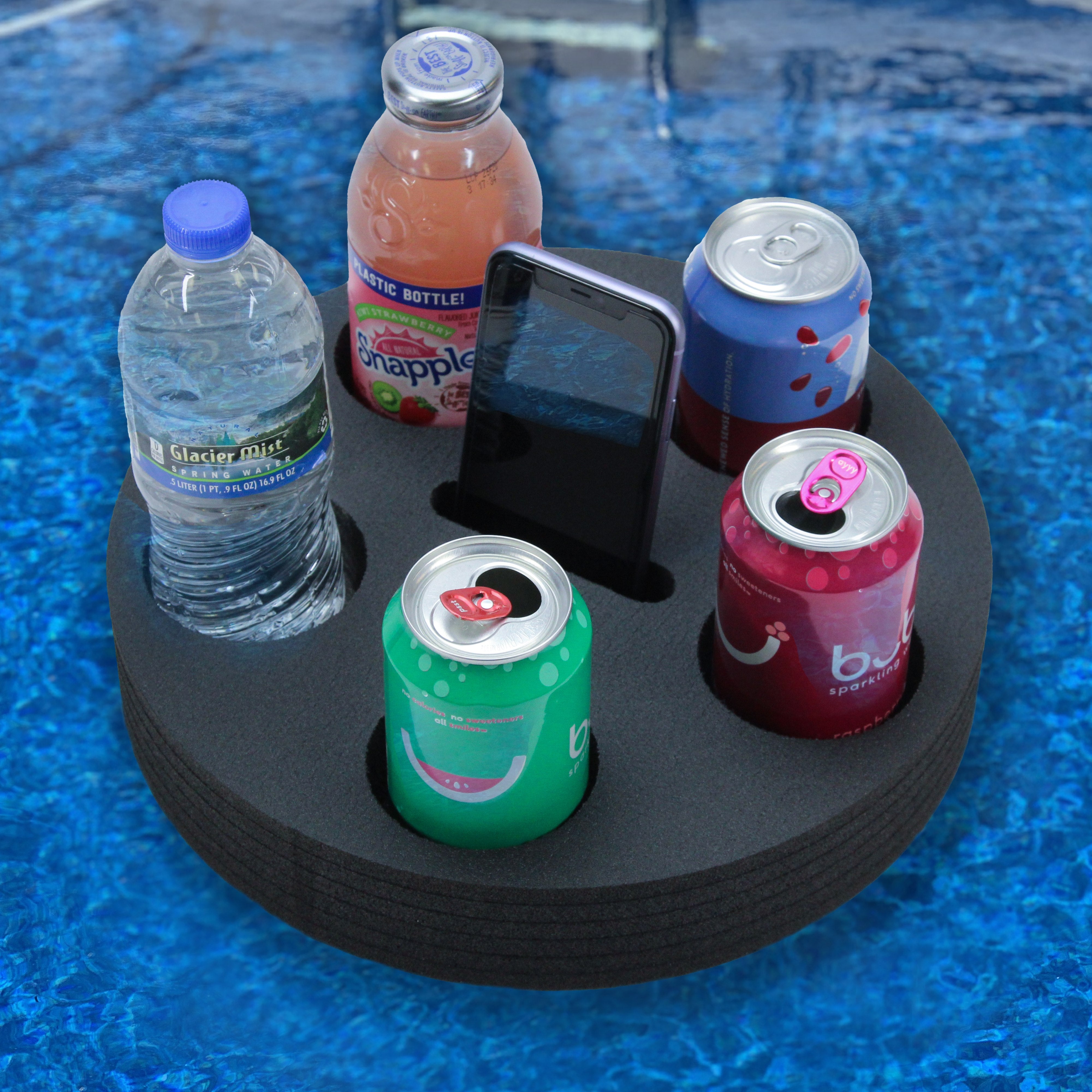 Drink Holder Floating Refreshment Tray for Pool or Beach Party Float Lounge Black Foam 6 Compartment UV Resistant 12 Inches with Cup Holders