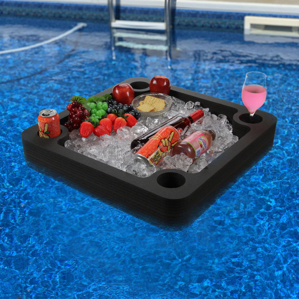 Extra Large Floating Bar Table Serving Buffet Drink Holders Swimming Pool Beach Party Lounge Black Foam UV Resistant with Cup Holders 24x24 Inches