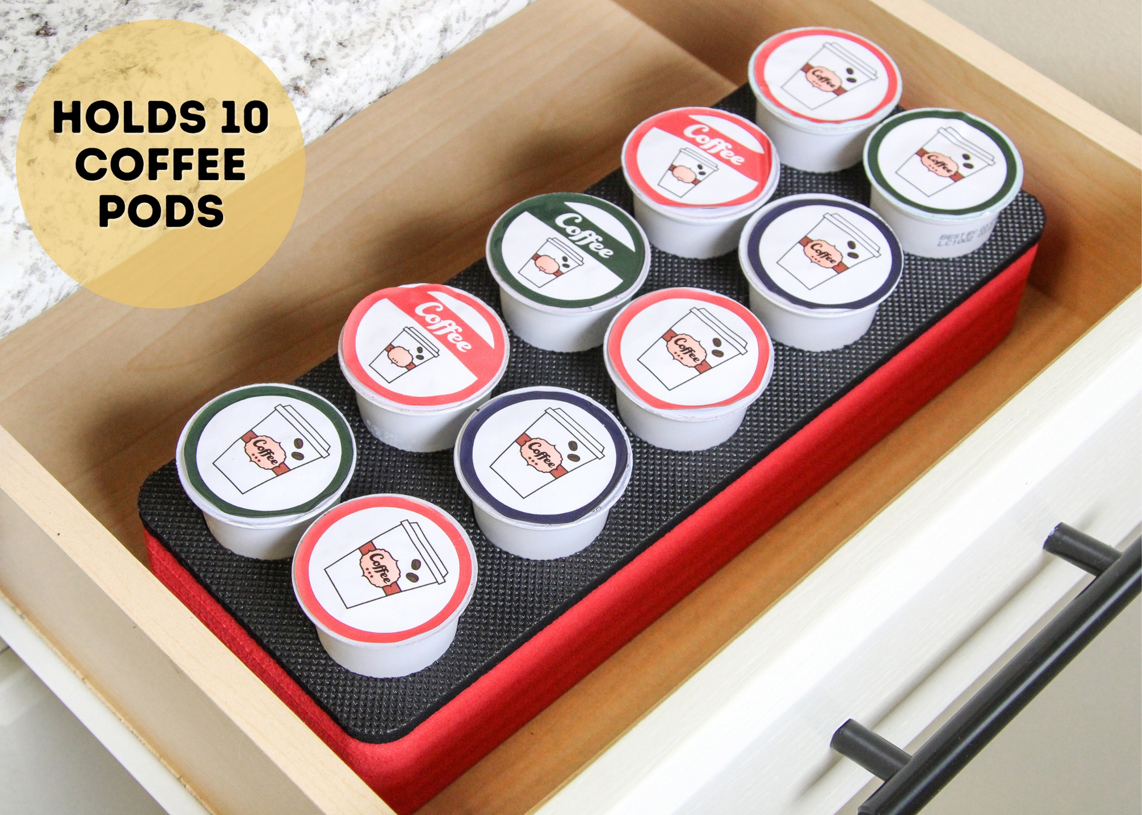 Coffee Red Pod Storage Deluxe Organizer Tray Drawer Insert for Kitchen Home Office Waterproof 4.5 X 11.75 Inches Holds 10 Compatible Keurig K-Cup
