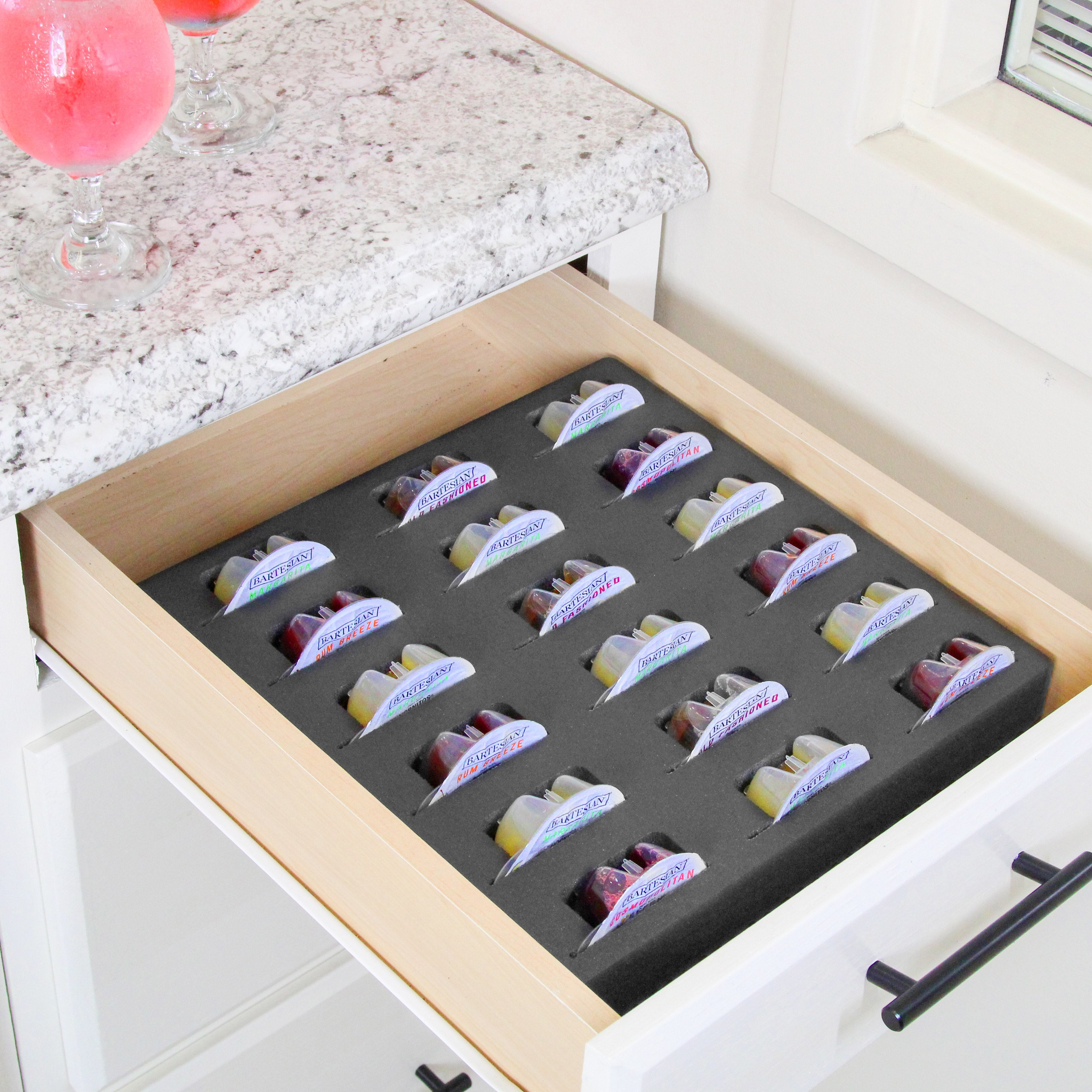 Cocktail Capsule Drawer Organizer Compatible with Bartesian for Kitchen Home Bar Party Waterproof Black Foam 18 Compartment 12.5 x 12.5 Inches