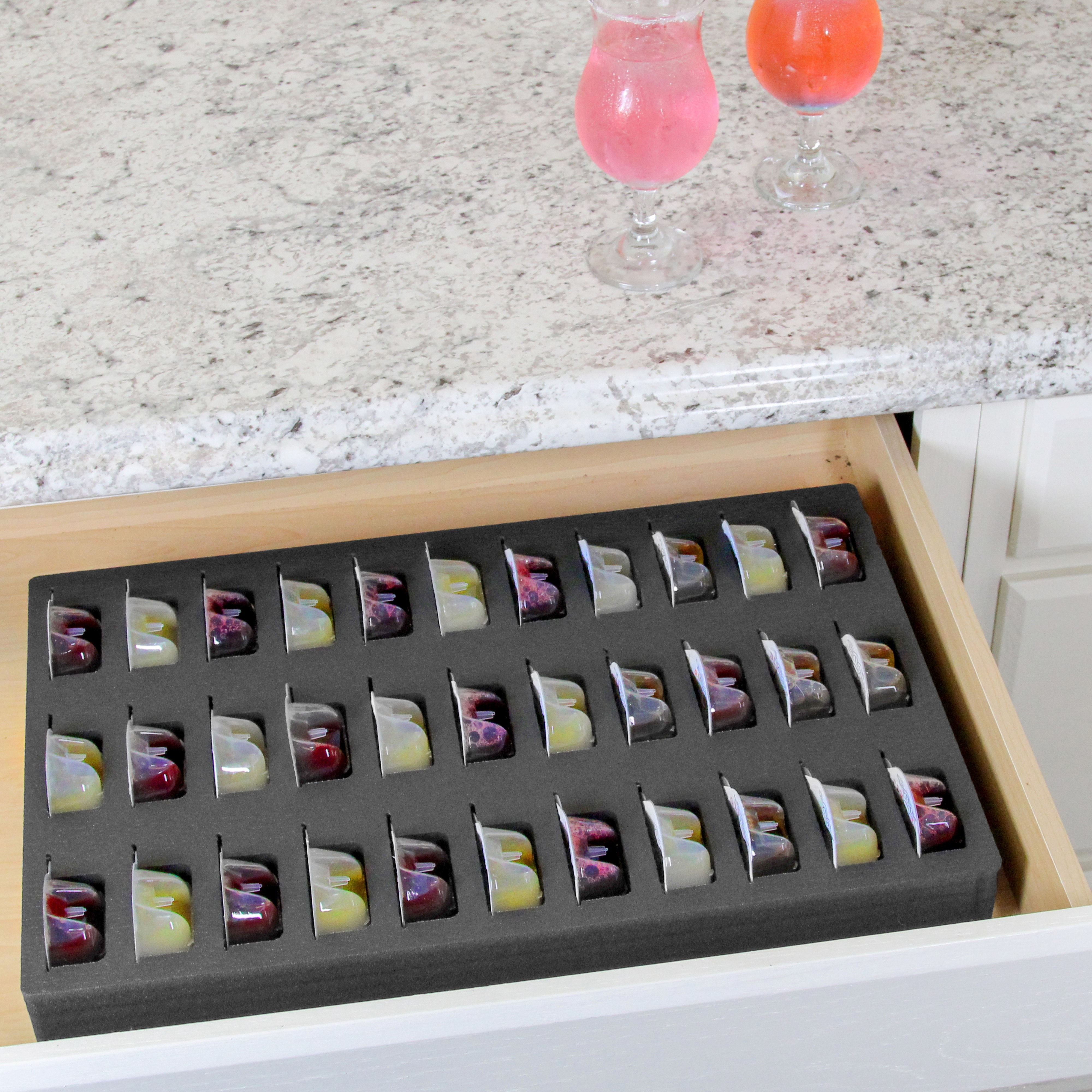 Cocktail Capsule Drawer Organizer Compatible with Bartesian for Kitchen Home Bar Party Waterproof Black Foam 33 Compartment 12.75 x 20.25 Inches