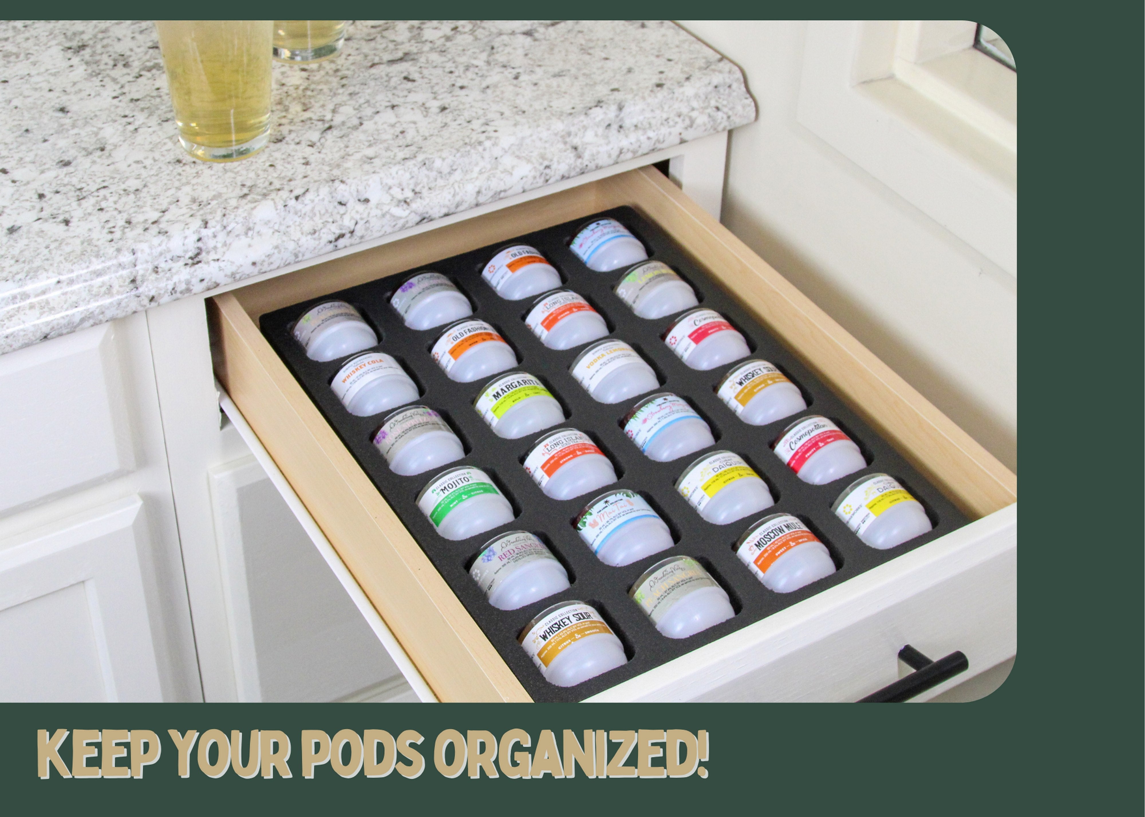 Cocktail Capsule Drawer Tray Insert Compatible Keurig DrinkWorks Pods for Kitchen Home Bar Party Waterproof Foam 24 Compartment 11.9 x 15.9 Inches