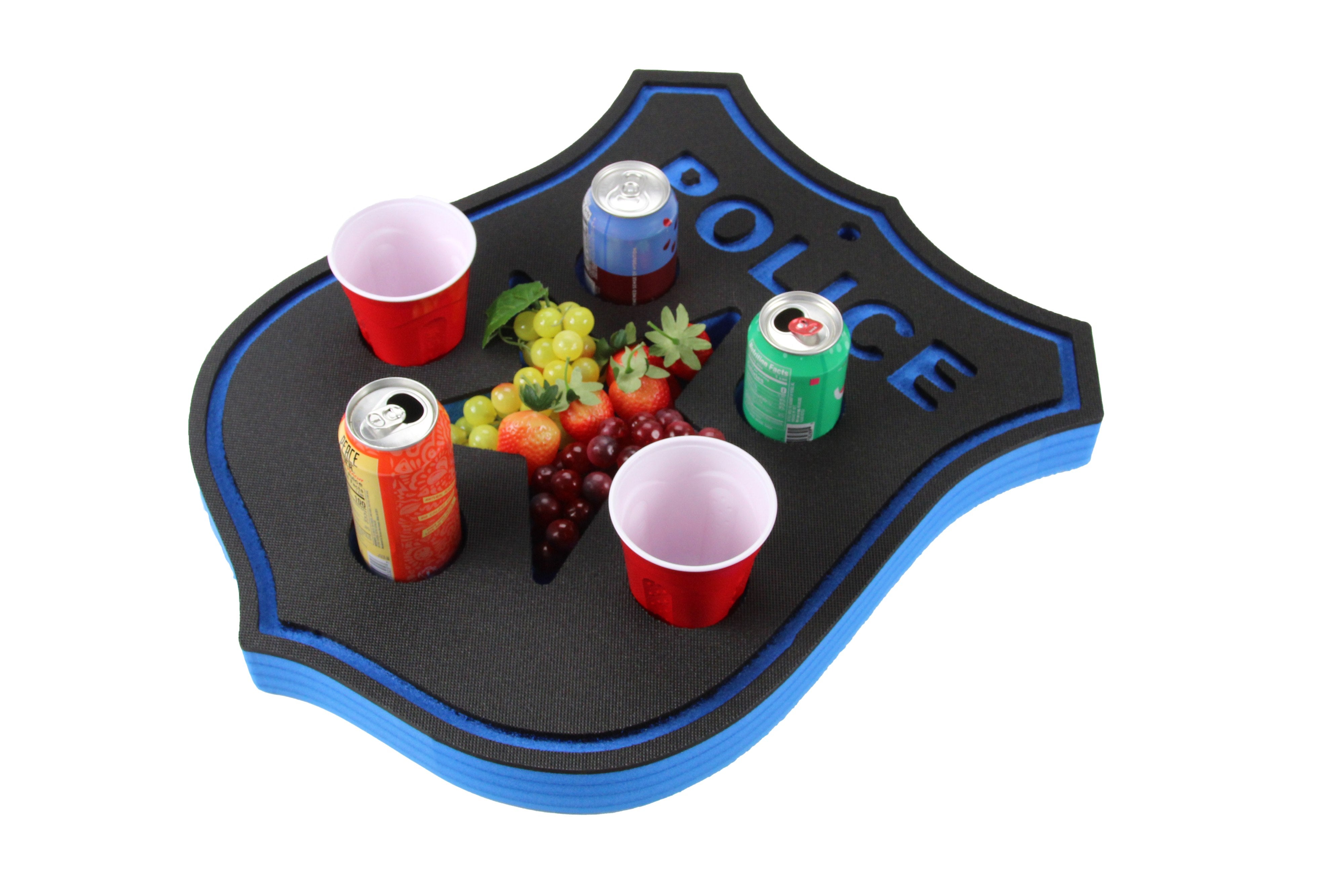 Police Badge Shaped Drink Holder Refreshment Table Tray PoolBeach Party Float Lounge Durable Foam 6 Compartment UV Resistant Cup Holders 23.3 Inches