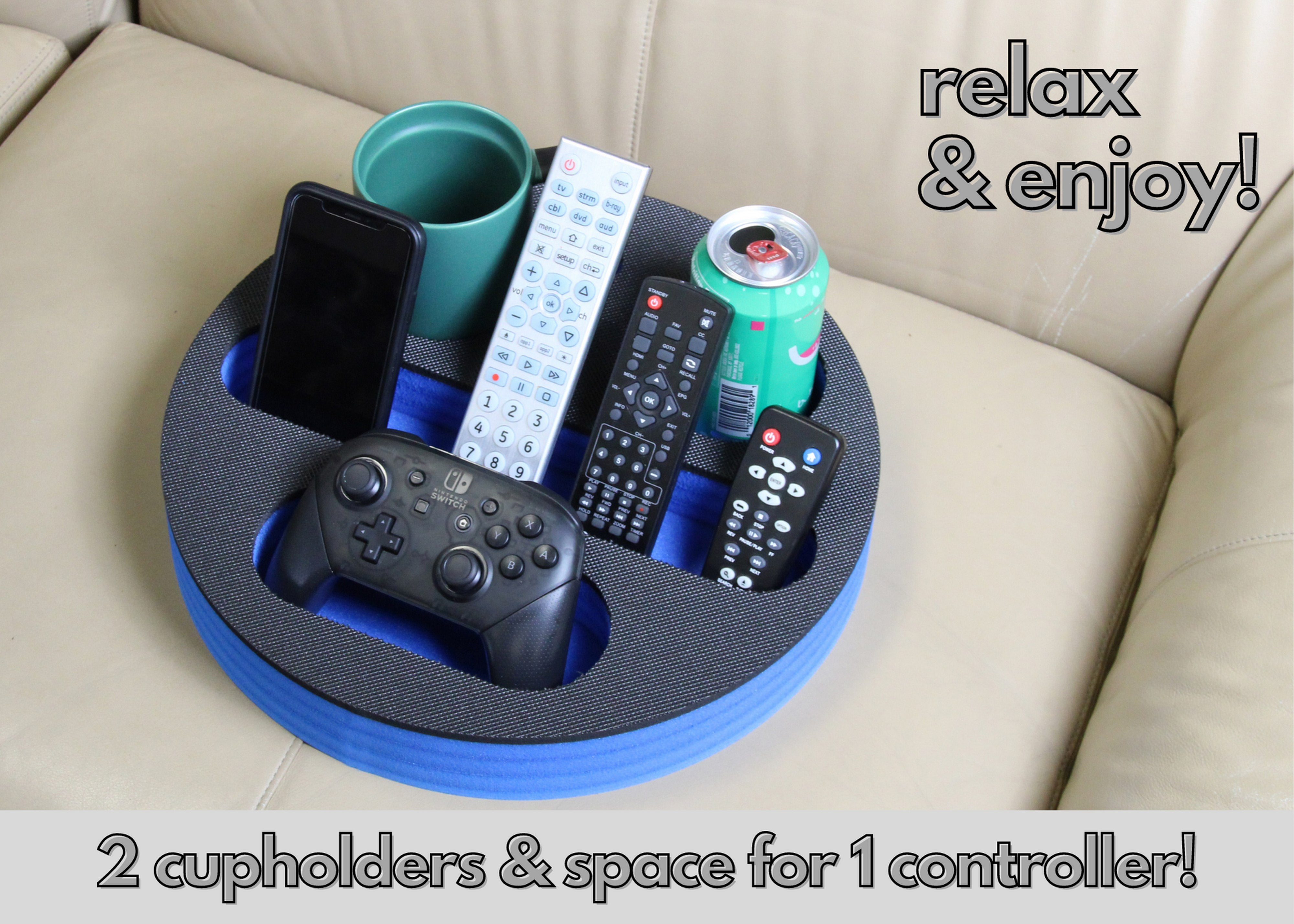 Couch Drink Holder Refreshment Tray for Sofa Bed Floor Car RV Lounge TV Room Durable Foam 4 Compartments Game Controller Slot 13.75 Inches Wide
