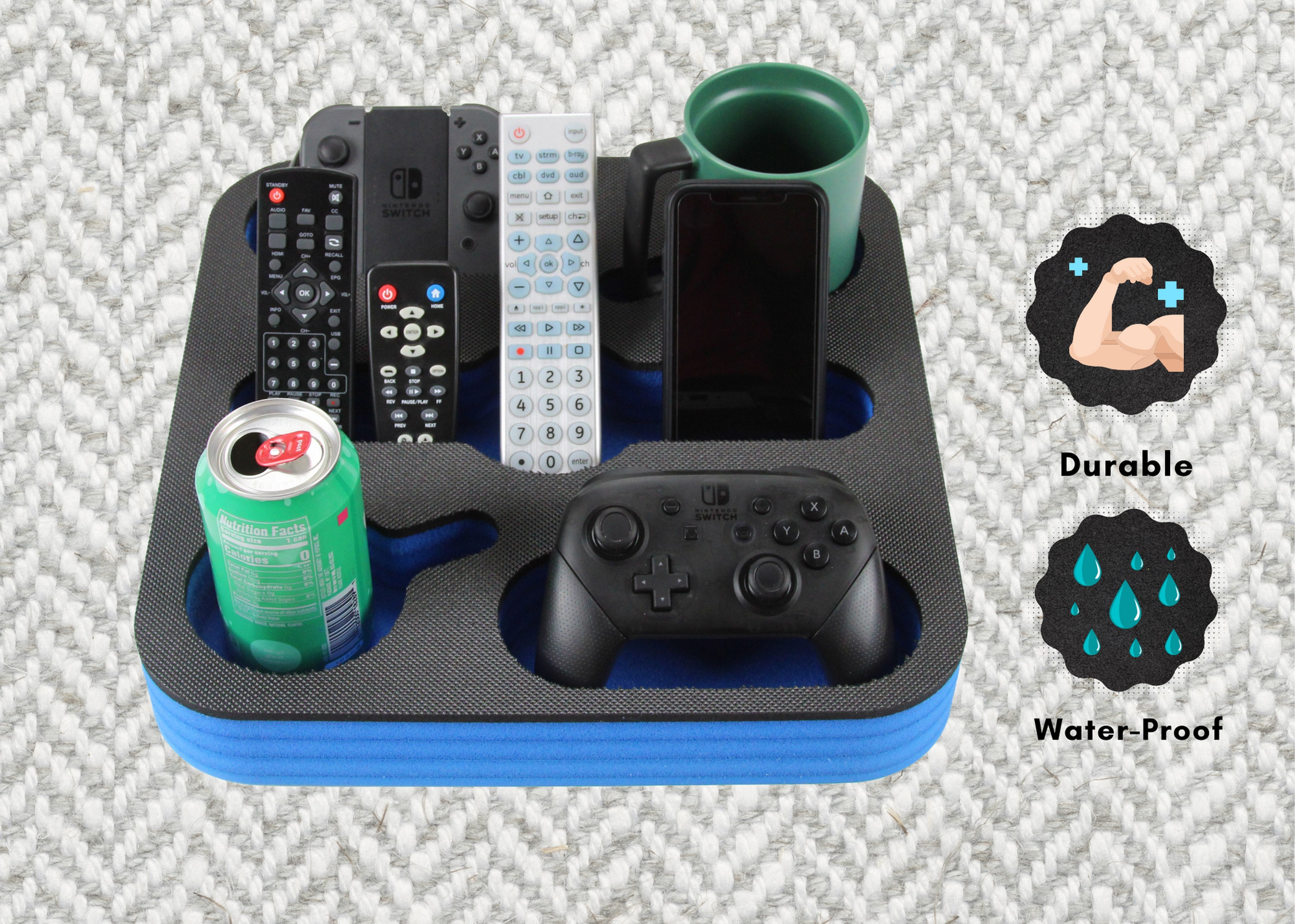 Couch Drink Holder Refreshment Tray for Sofa Bed Floor Car RV Lounge TV Room Durable Foam 5 Compartments 2 Game Controller Slots 13.75 Inches Wide