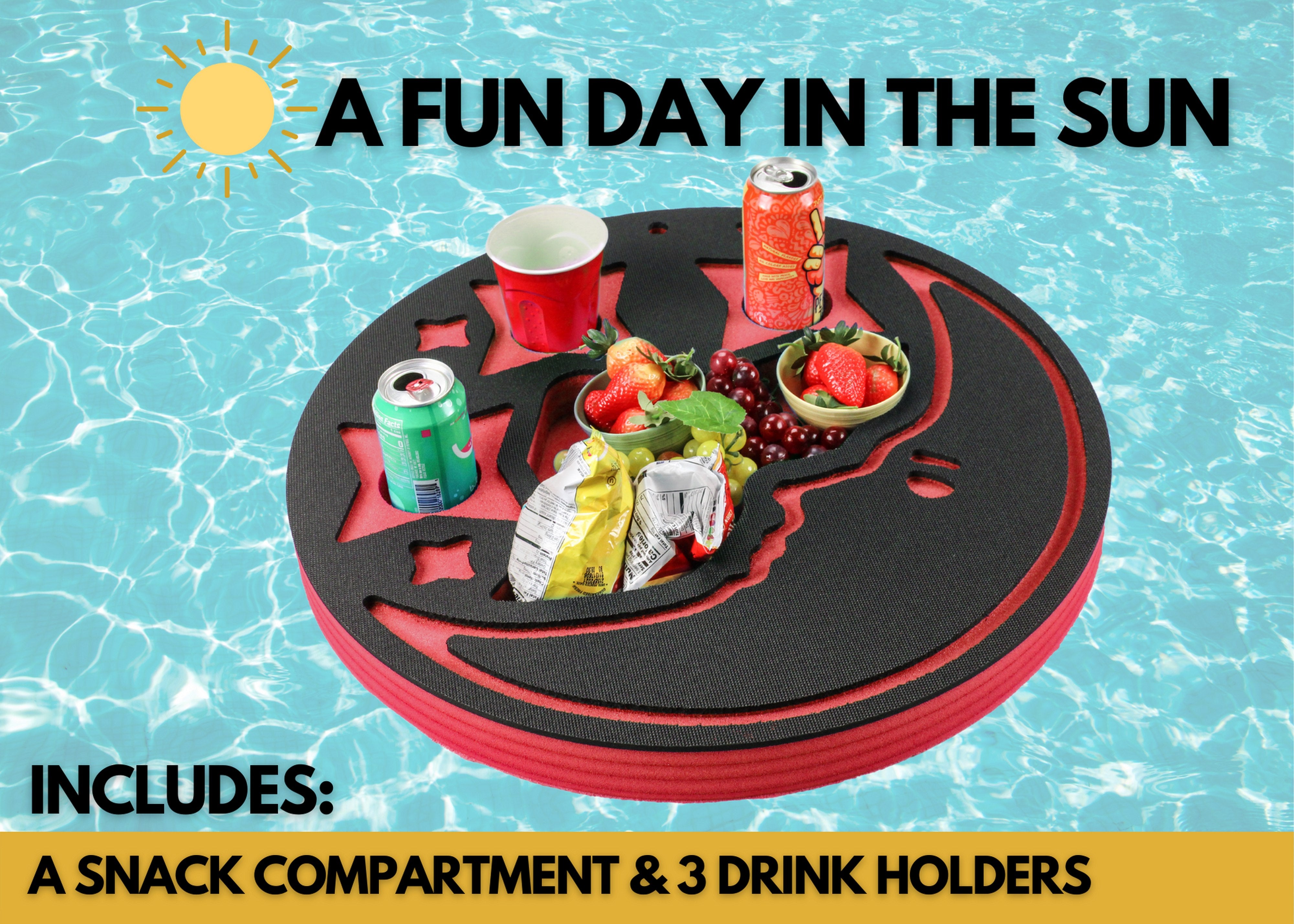 Moon Shaped Drink Holder Red Refreshment Table Tray for Pool or Beach Party Float Lounge Durable Foam 4 Compartment UV Resistant Cup Holders 2 Feet