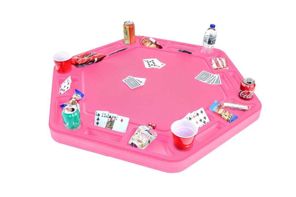 Floating Large Poker Table Pink Game Tray for Pool or Beach Party Float Lounge Durable Foam 40.5 Inch Chip Slots Drink Holders Deck