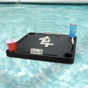 Floating Dominoes Table Tray for Pool or Beach Party Hot Tub Game Float Lounge Durable Black Foam 23 Inches with Drink Holders and Domino Slots