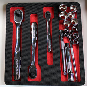 Tool Drawer Organizer Ratchet Socket Wrench Holder Insert Red Black Durable Foam Tray Holds 3 Ratchets or Extensions Up To 10 Inches Long Fits Craftsman Husky Kobalt Milwaukee Many More
