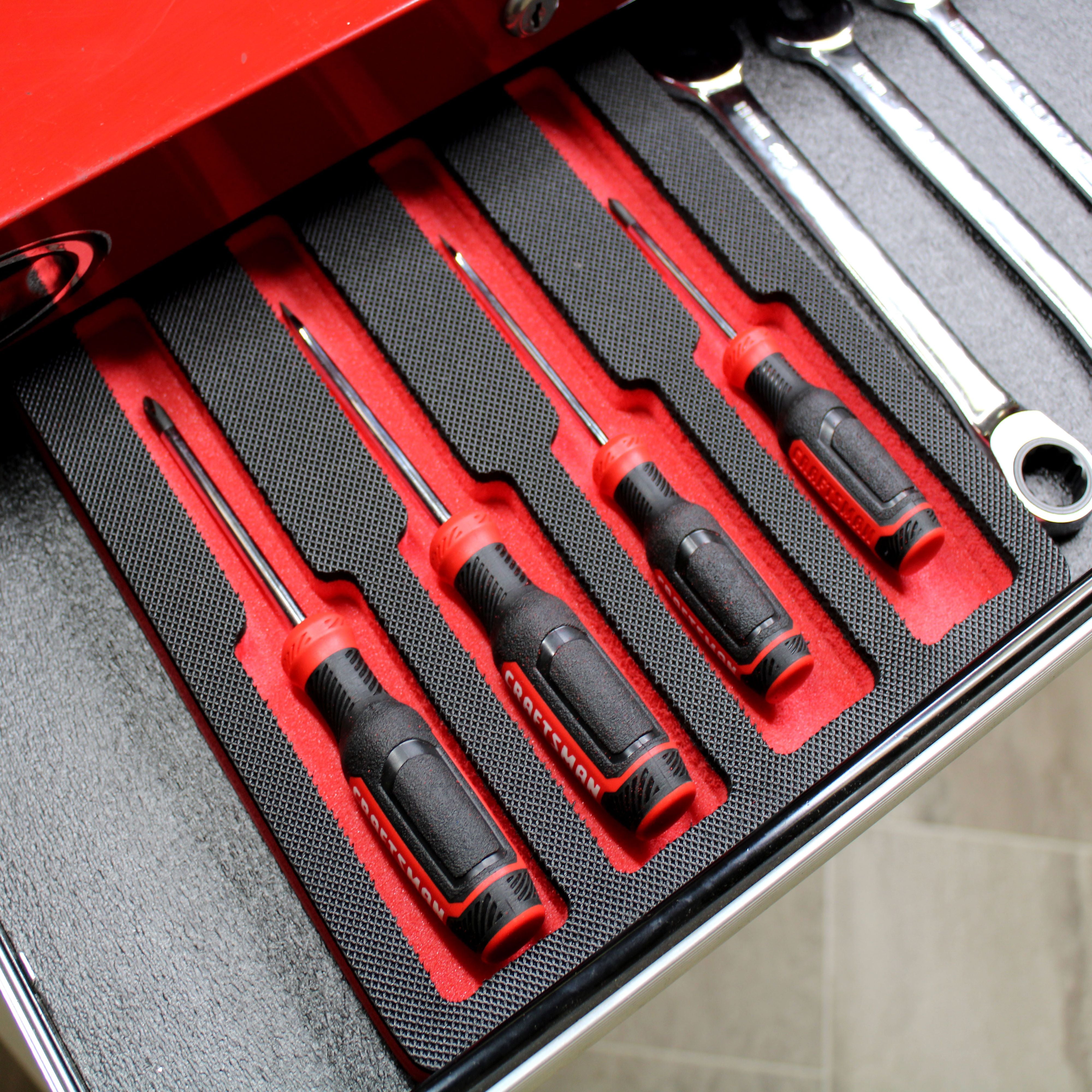 Tool Drawer Organizer Screwdriver Holder Insert Red Black Durable Foam Tray Holds 4 Drivers Up To 10 Inches Fits Craftsman Husky Kobalt Milwaukee Many Others