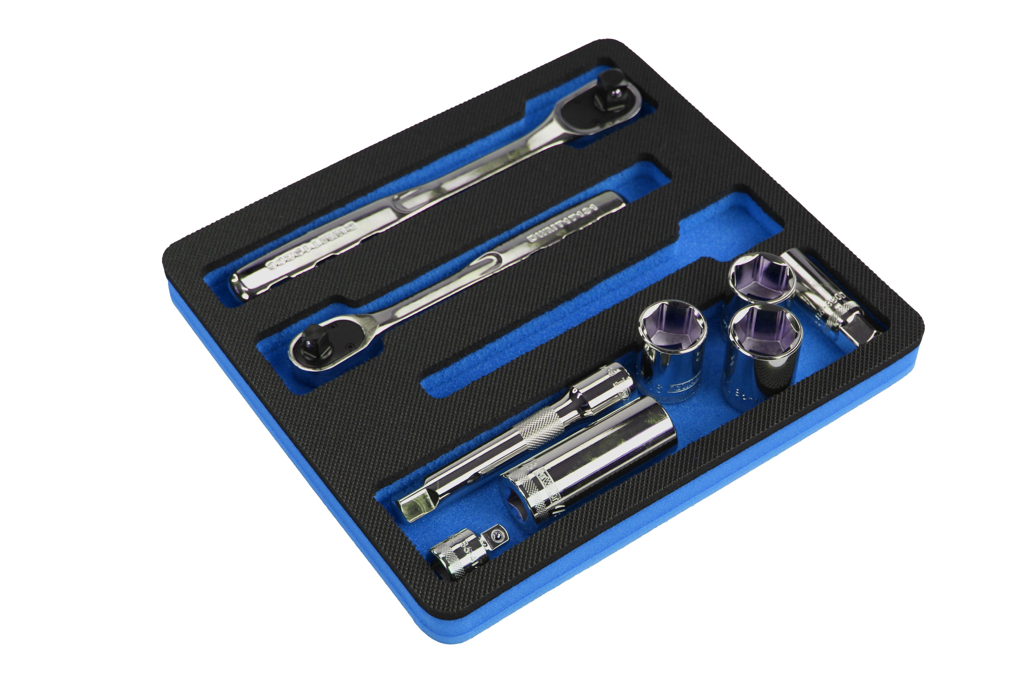 Tool Drawer Organizer Ratchet Socket Wrench Holder Insert Blue Black Durable Foam Tray Holds 3 Ratchets or Extensions Up To 10 Inches Long Fits Craftsman Husky Kobalt Milwaukee Many More