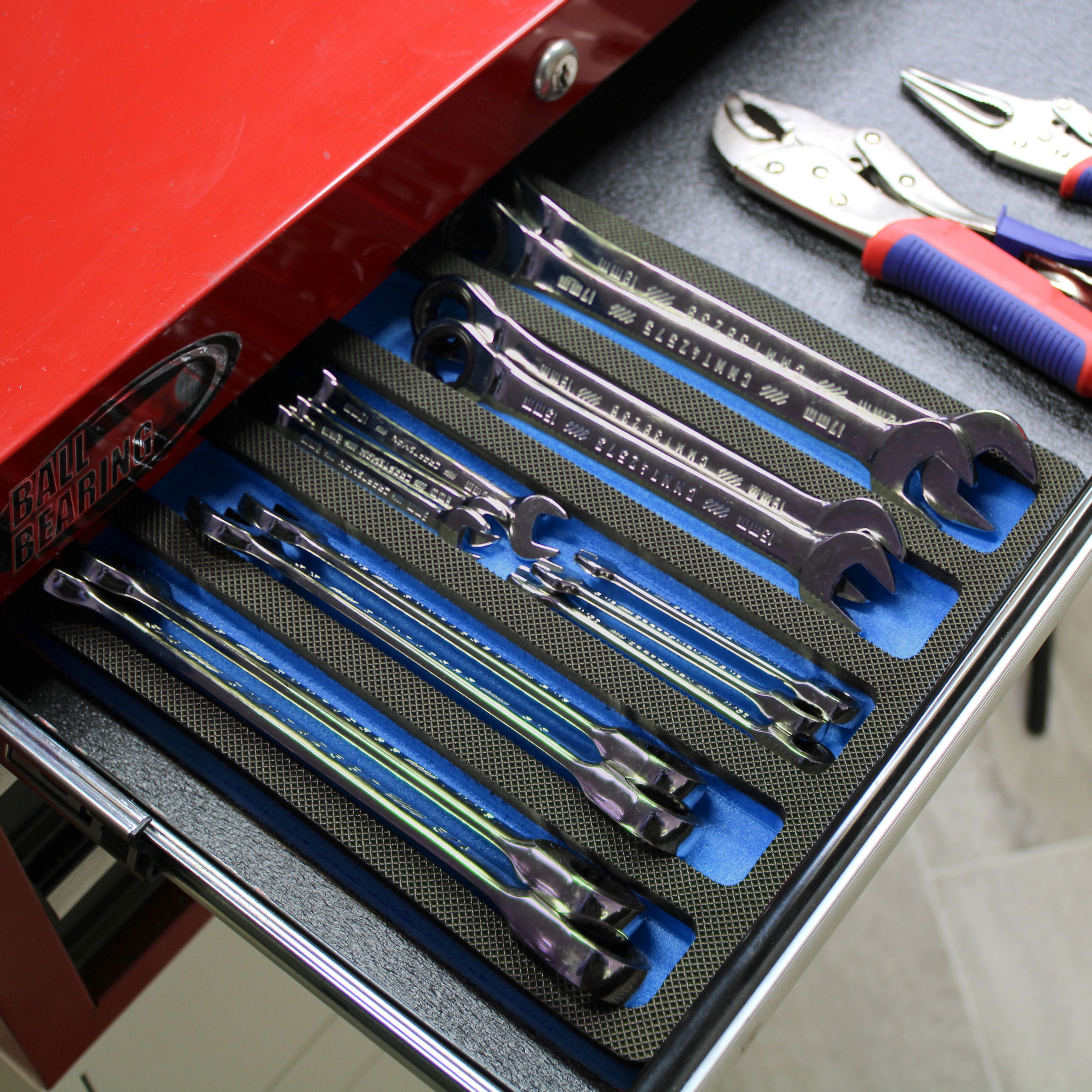Tool Drawer Organizer Wrench Holder Insert Blue and Black Durable Foam Tray 5 Pockets Holds Wrenches Up To 10 Inches Long Fits Craftsman Husky Kobalt Milwaukee Many Others