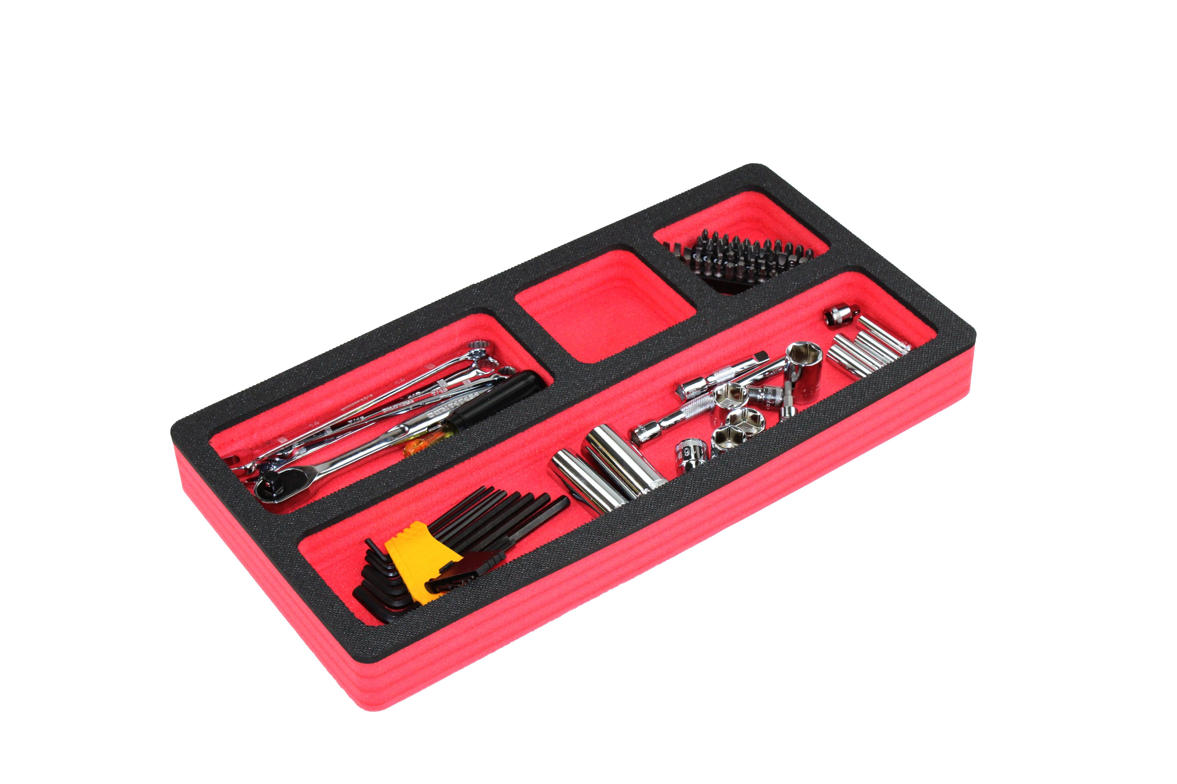 Tool Drawer Organizer Insert Red and Black Durable Foam Strong Non-Slip Anti-Rattle Bin Holder Tray 20 x 10 Inches 4 Pockets Fits Craftsman Husky Kobalt Milwaukee and Many Others