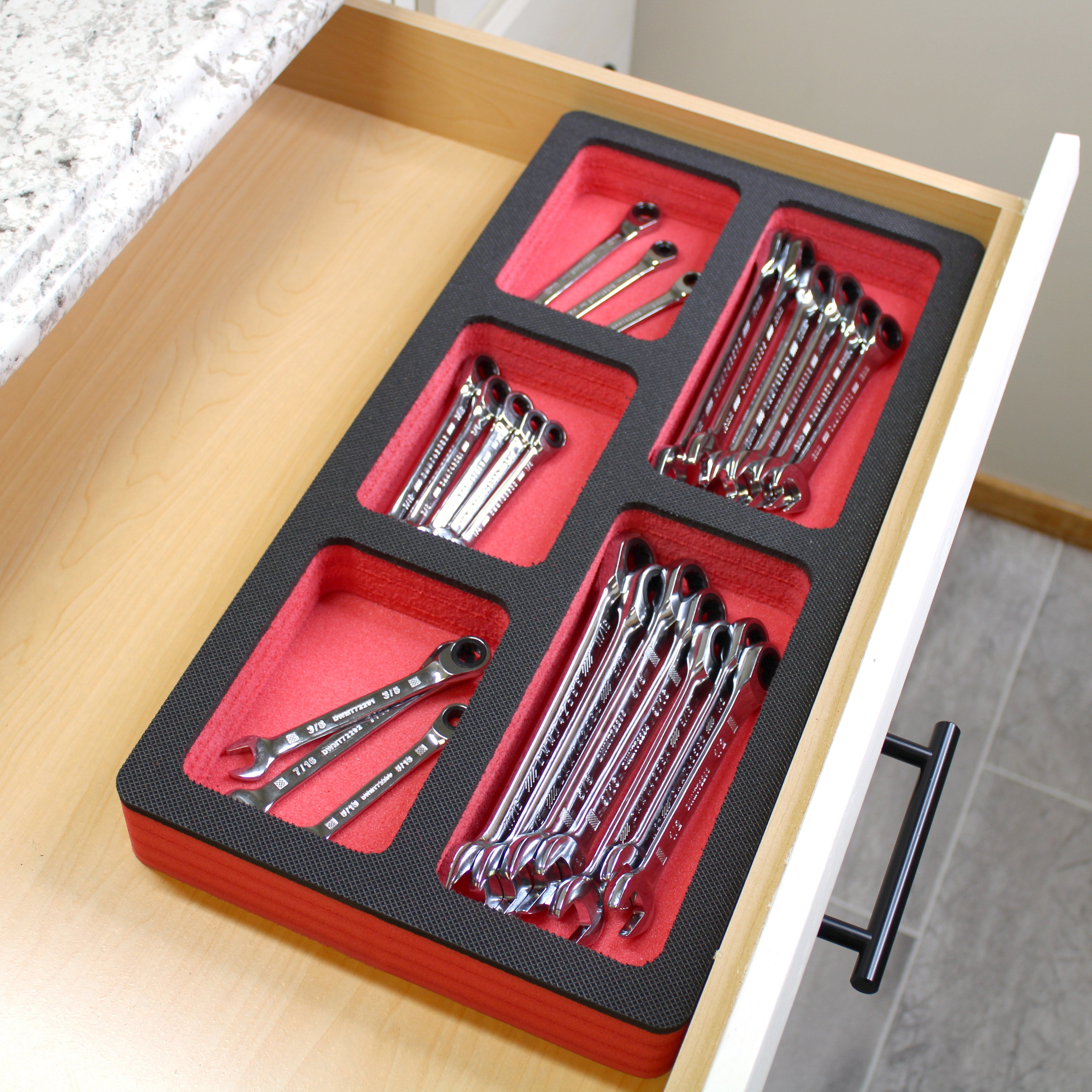 Tool Drawer Organizer Insert Red and Black Durable Foam Strong Non-Slip Anti-Rattle Bin Holder Tray 20 x 10 Inches 5 Pockets Fits Craftsman Husky Kobalt Milwaukee and Many Others