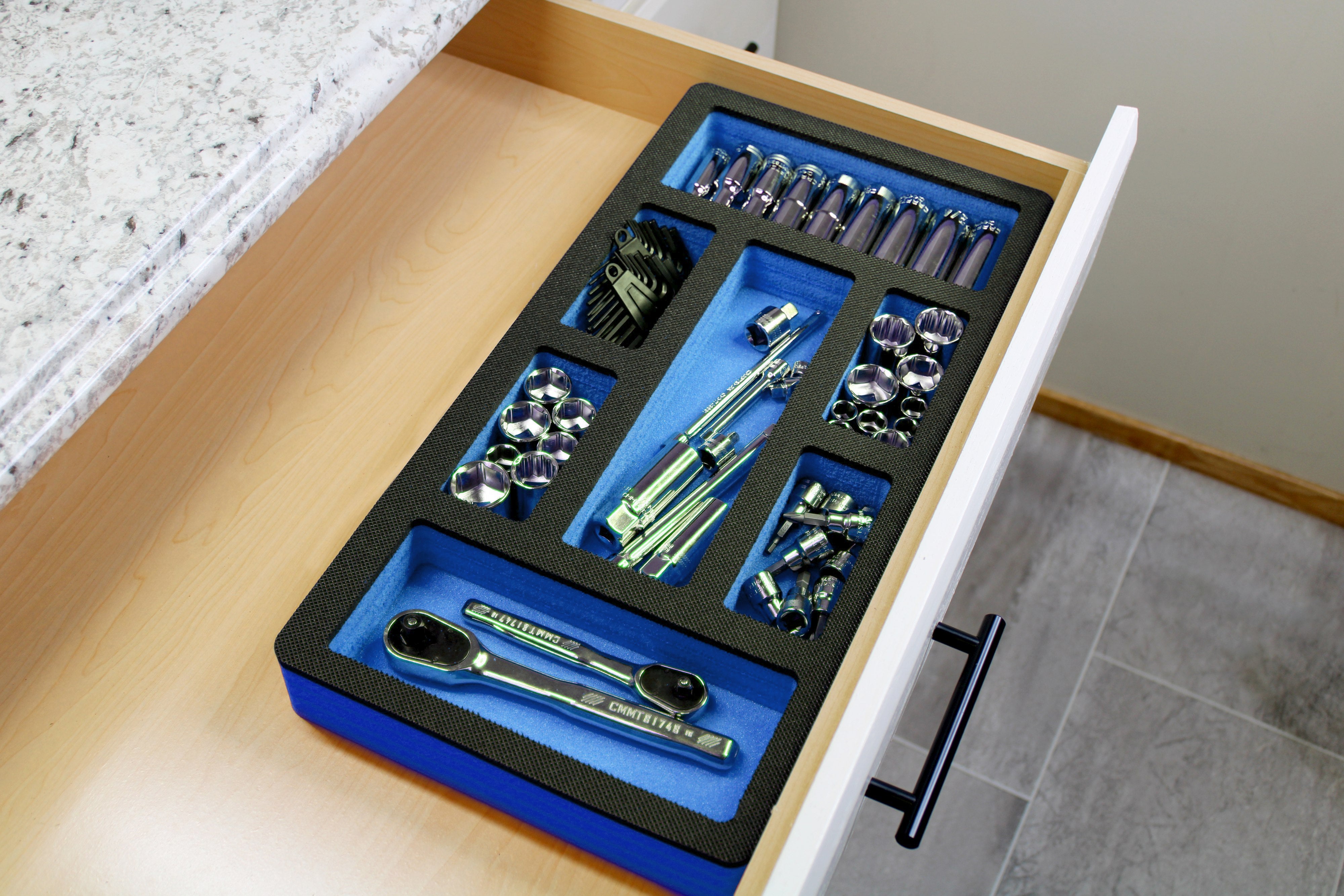Tool Drawer Organizer Insert Blue and Black Durable Foam Strong Non-Slip Anti-Rattle Bin Holder Tray 20 x 10 Inches 7 Pockets Fits Craftsman Husky Kobalt Milwaukee and Many Others