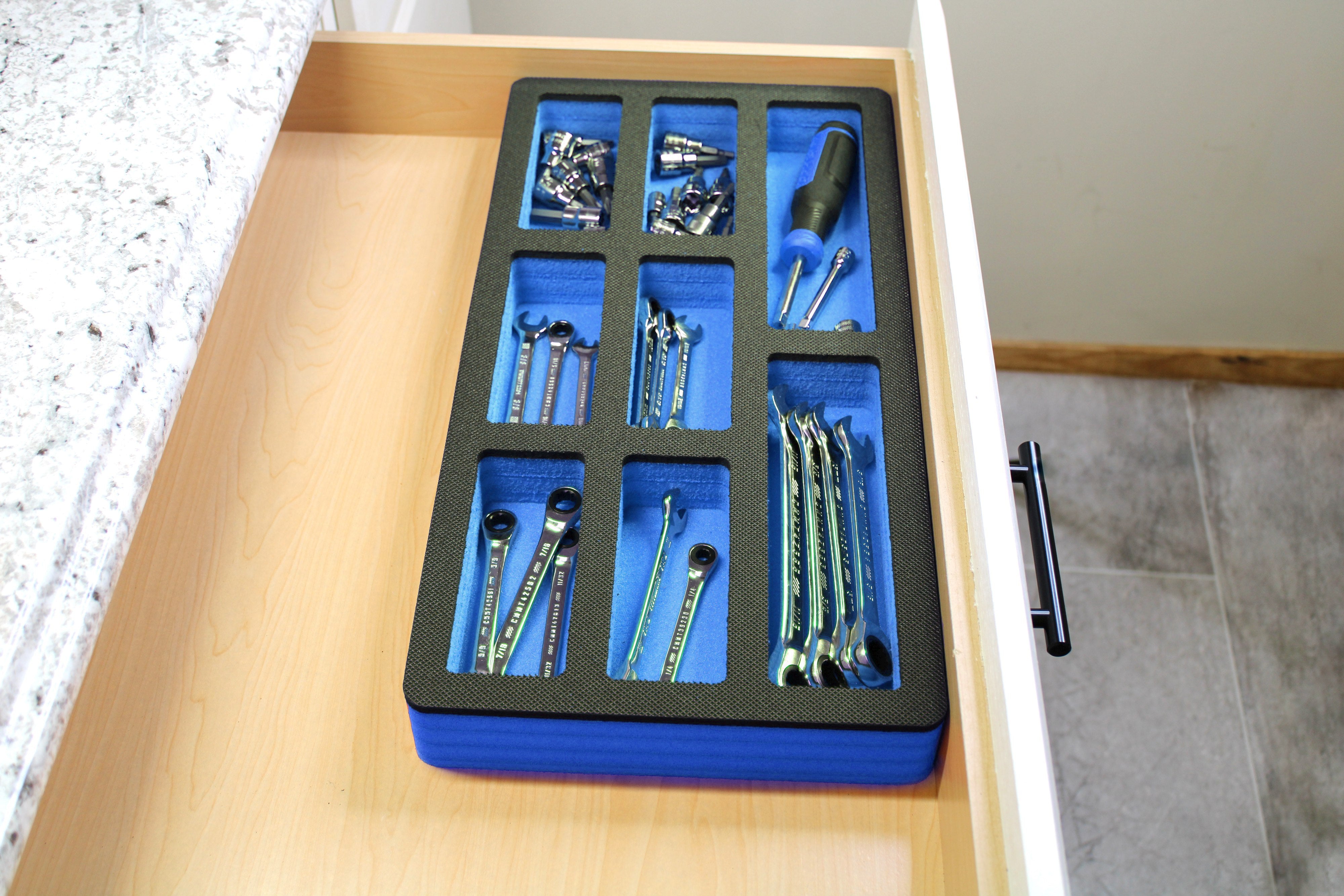 Tool Drawer Organizer Insert Blue and Black Durable Foam Strong Non-Slip Anti-Rattle Bin Holder Tray 20 x 10 Inches 8 Pockets Fits Craftsman Husky Kobalt Milwaukee and Many Others