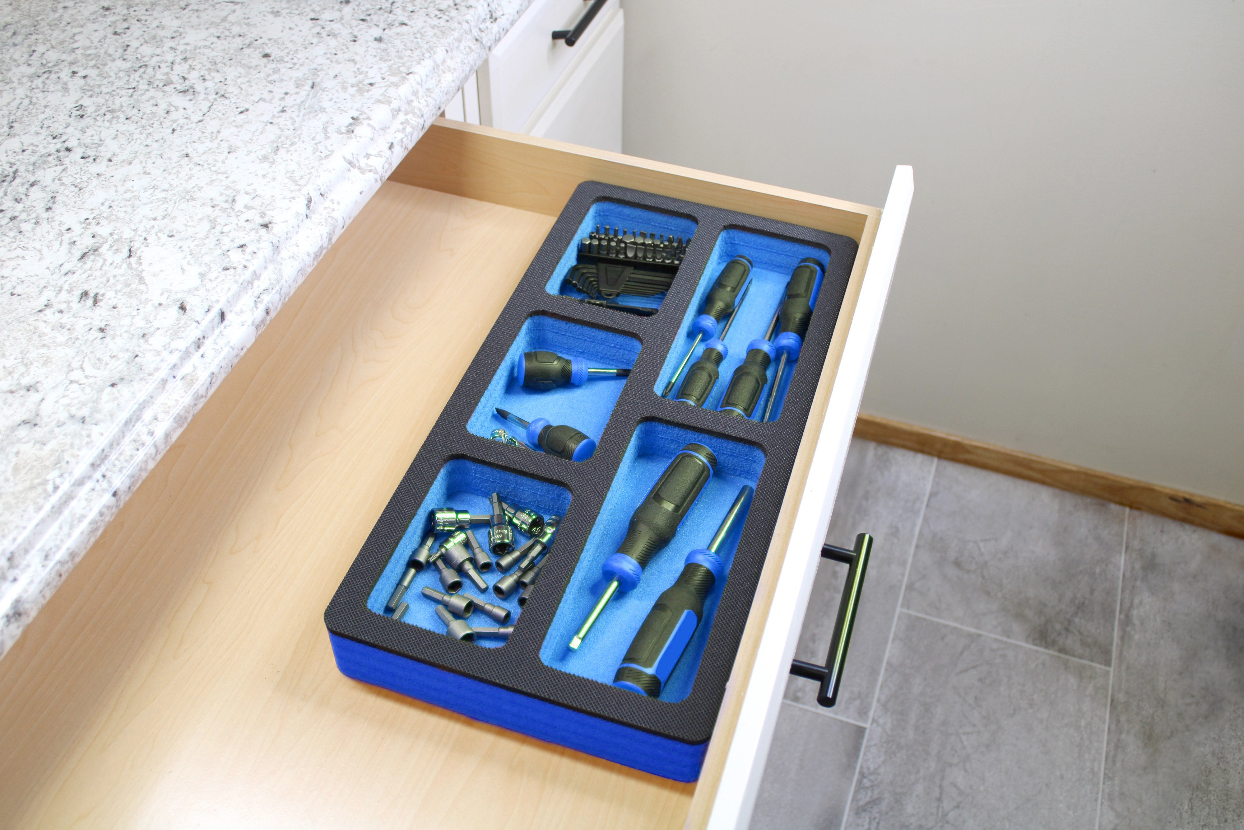 Tool Drawer Organizer Insert Blue and Black Durable Foam Strong Non-Slip Anti-Rattle Bin Holder Tray 20 x 10 Inches 5 Pockets Fits Craftsman Husky Kobalt Milwaukee and Many Others