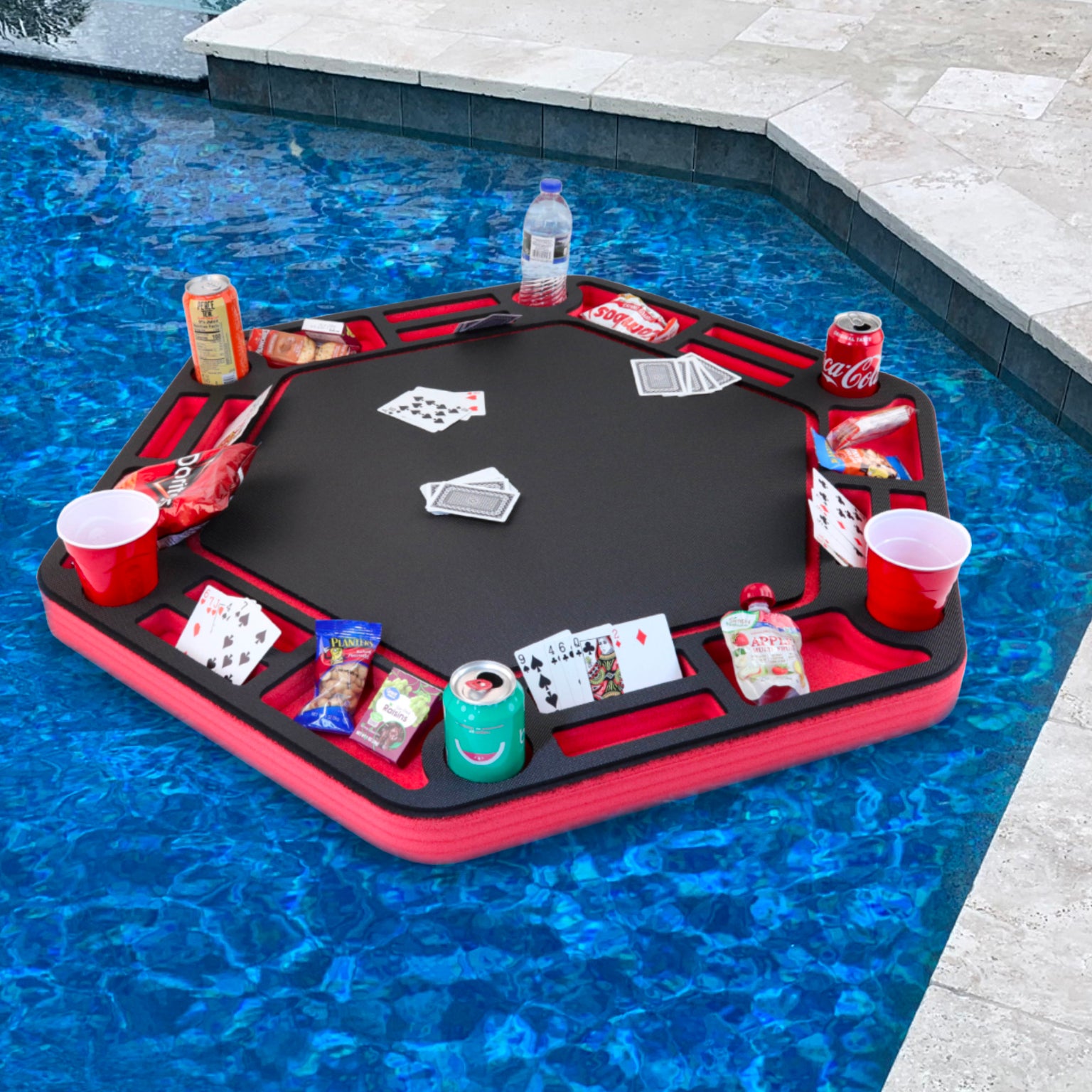 Floating Large Poker Table Red and Black Game Tray for Pool or Beach Float Lounge Durable Foam 40.5 Inch Drink Holders with Waterproof Cards