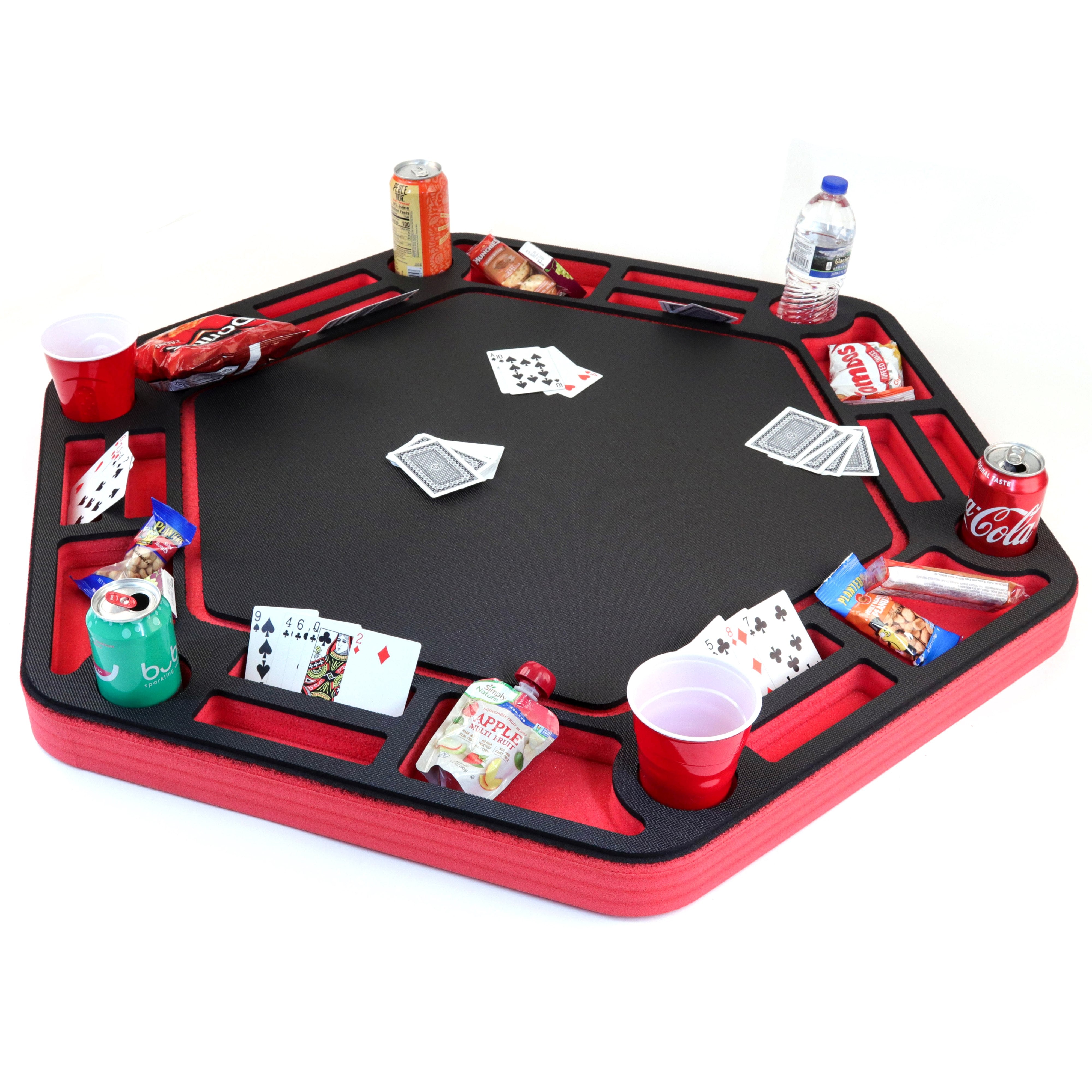 Floating Large Poker Table Red and Black Game Tray for Pool or Beach Party Float Lounge Durable Foam 40.5 Inch Chip Slots Drink Holders Deck