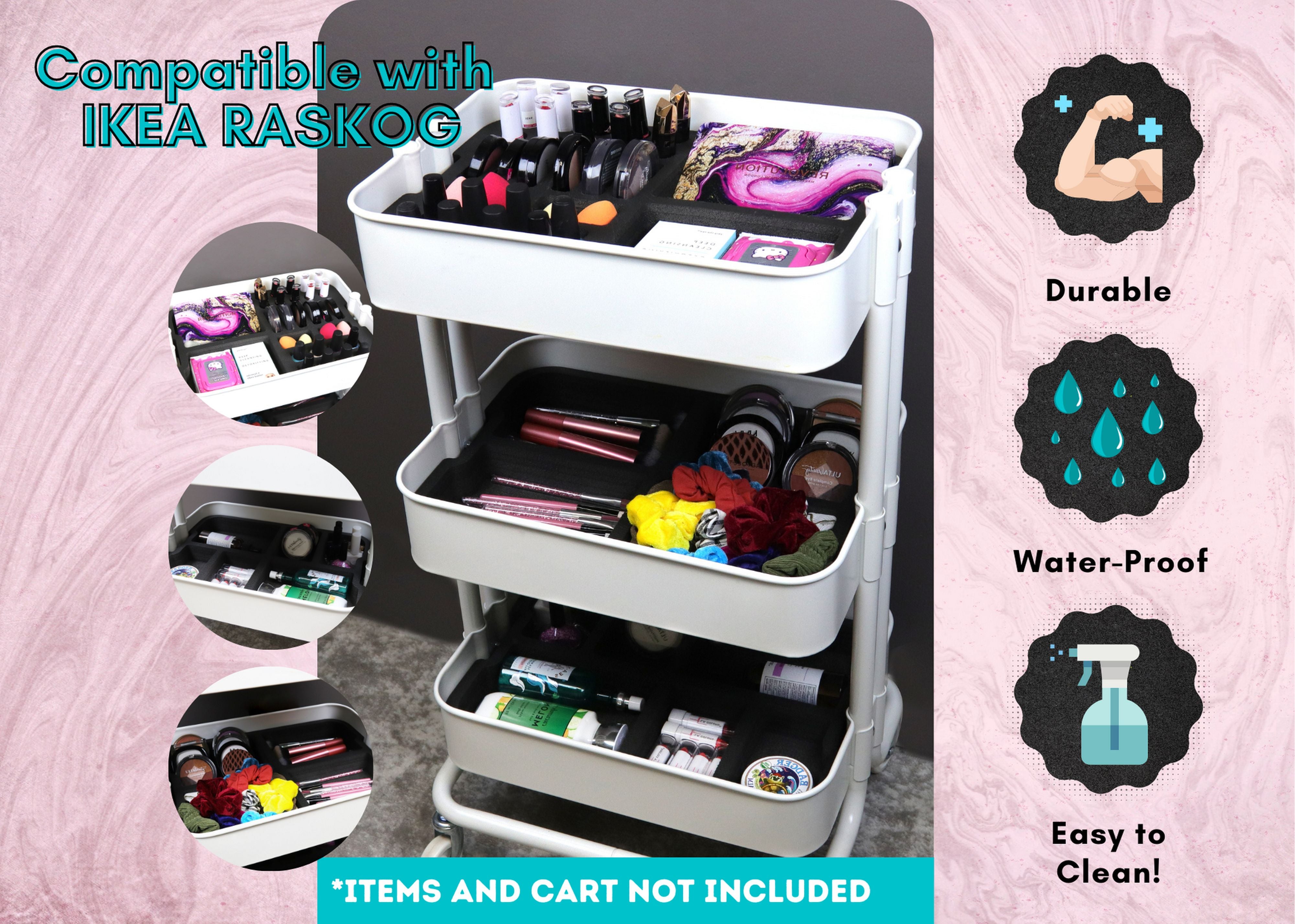 3pc Utility Cart Makeup Organizer Insert Tray Set Fits IKEA Raskog Black Foam