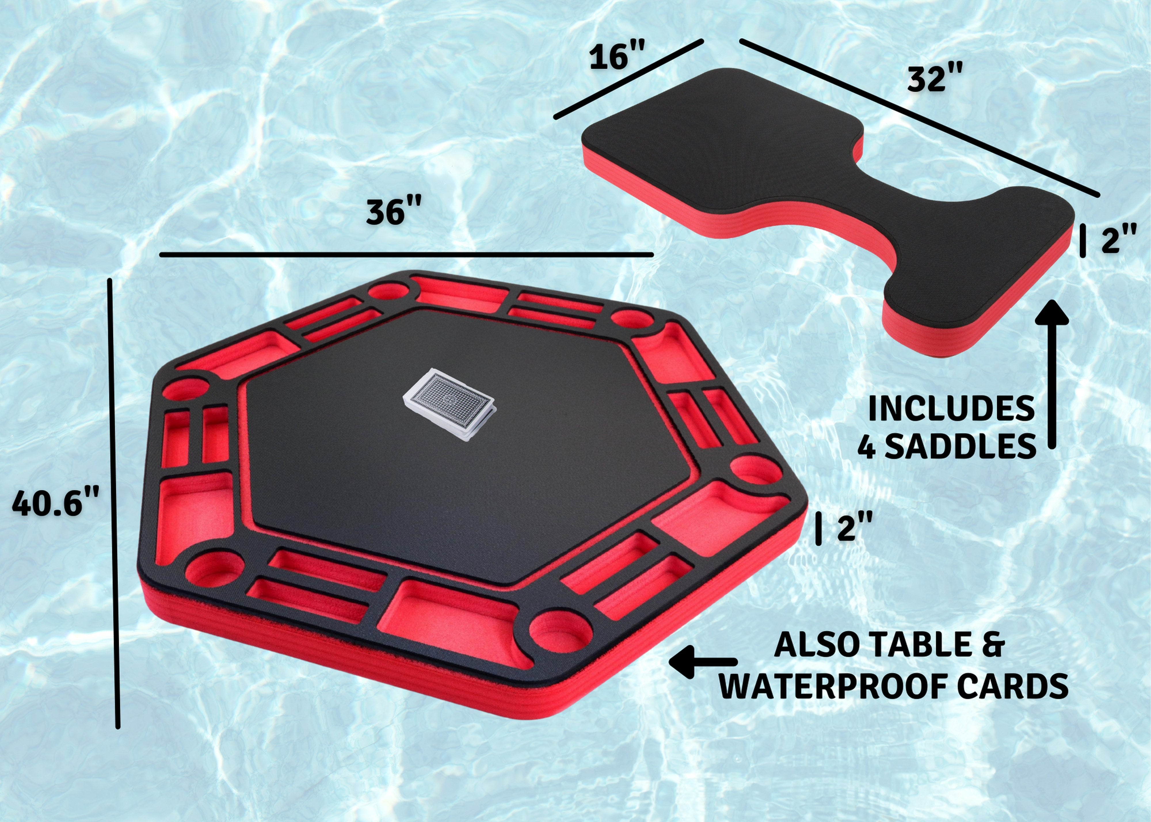 Floating Large Poker 4 Seats Table Game Tray PoolBeach Party Float Durable Foam 40.5 Inch Chip Slots Drink Holders Playing Cards Deck UV Resistant