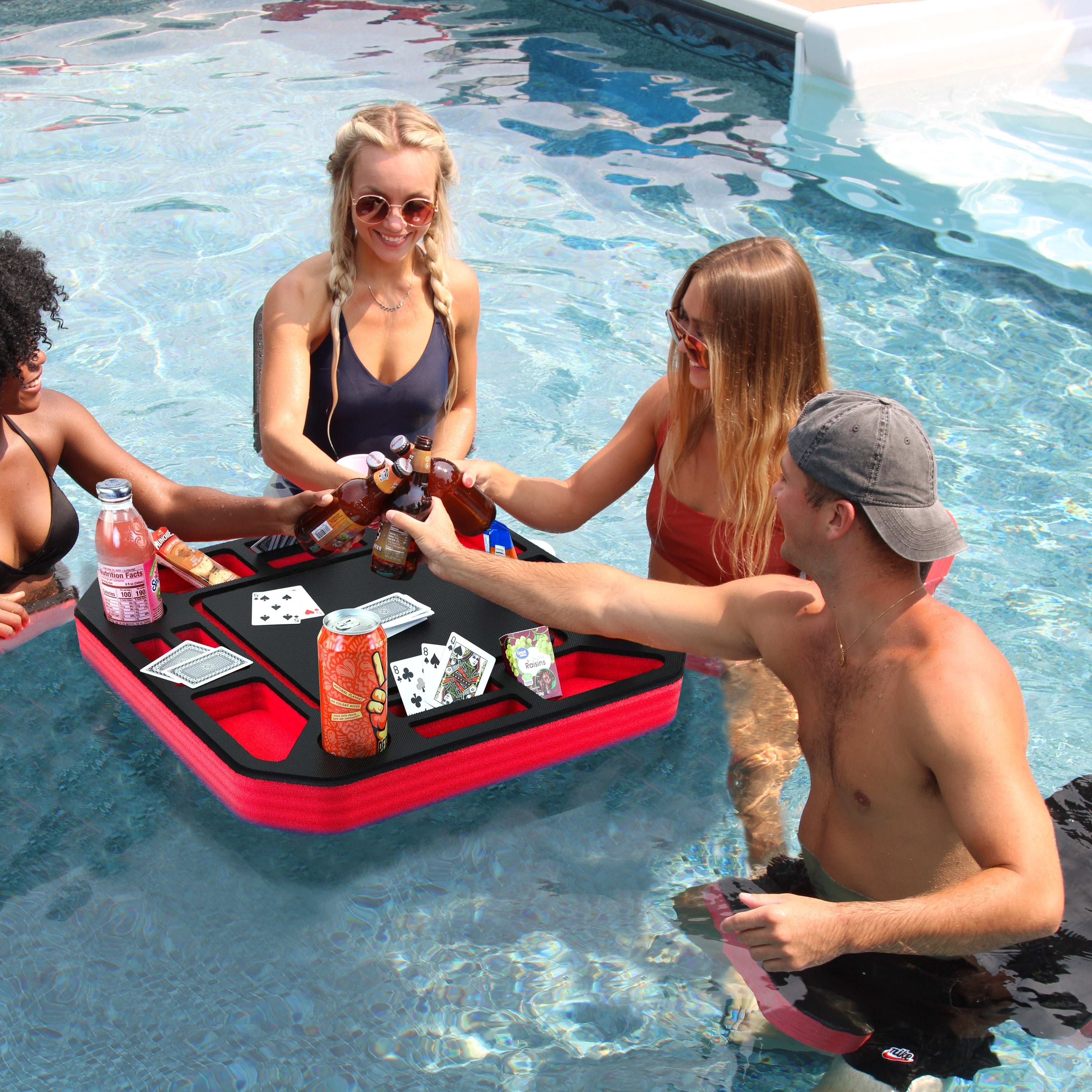 Floating Poker Table 4 Seats Game Tray for Pool Beach Party Float Durable Foam 23 Inch Chip Slots Drink Holders UV Resistant