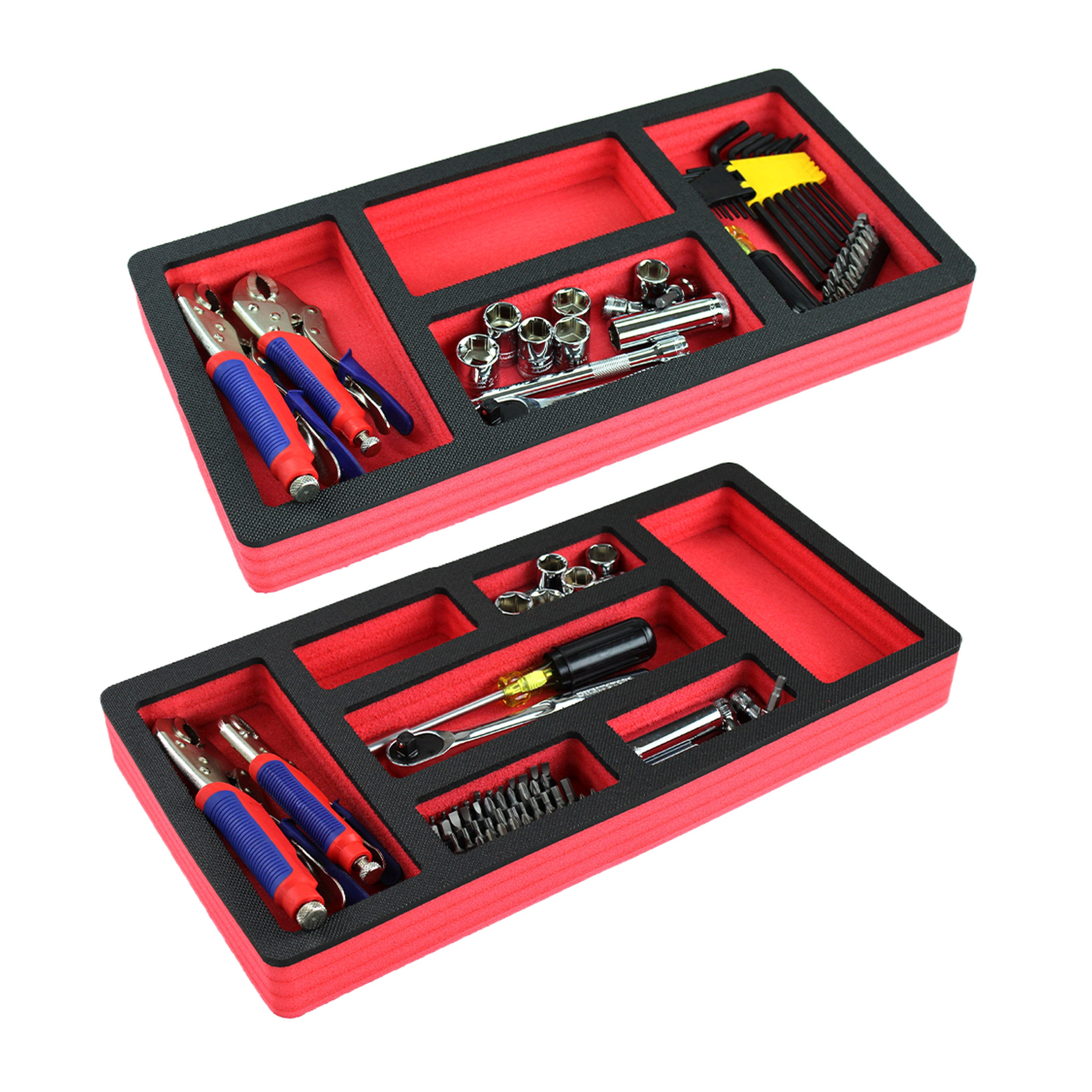 Tool Drawer Organizer 2-Piece Insert Set Red and Black Durable Foam Non-Slip Anti-Rattle Bin Holder Tray 20 x 10 Inches Large Pockets Fits Craftsman Husky Kobalt Milwaukee and Many Others