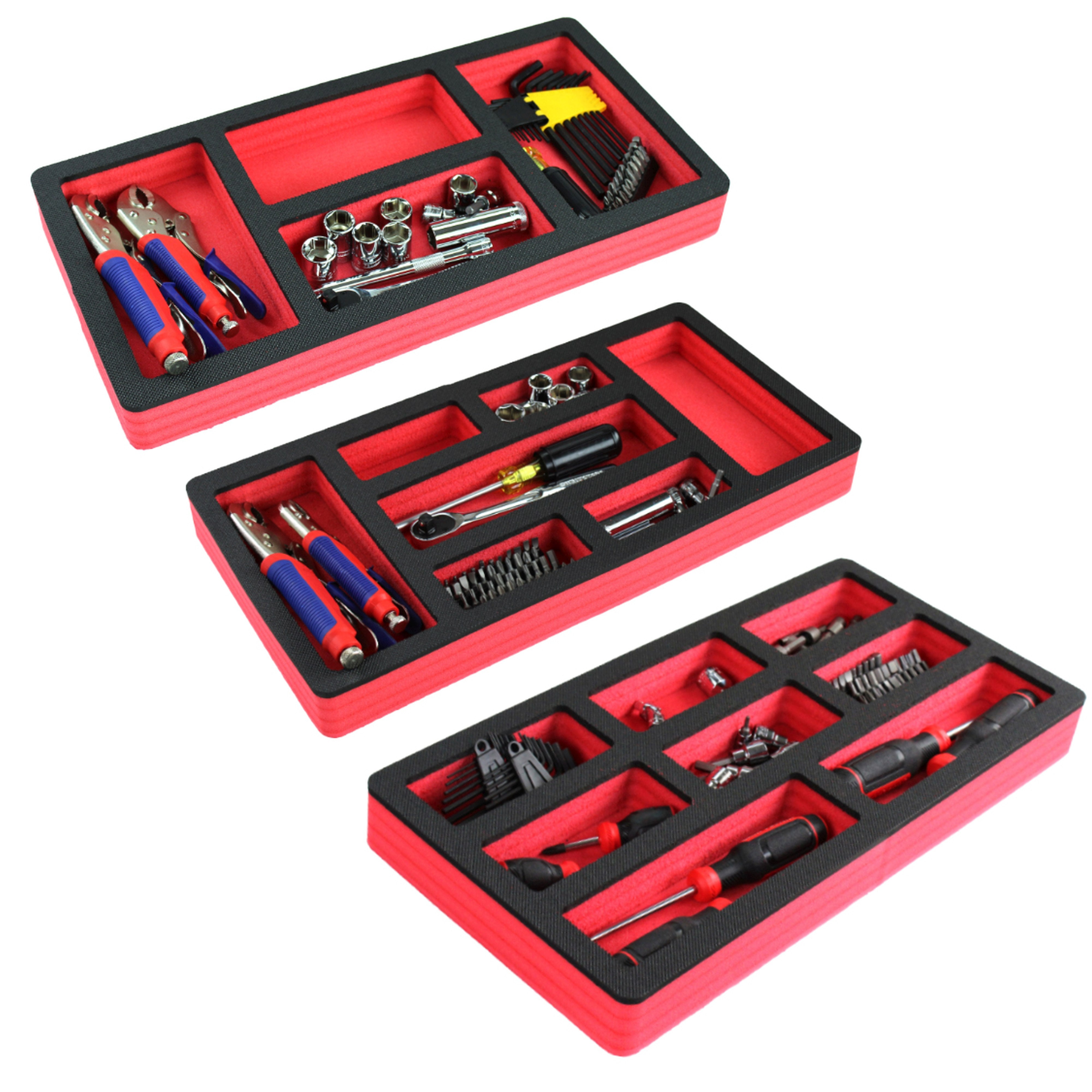 Tool Drawer Organizer 3-Piece Insert Set Red and Black Durable Foam Non-Slip Anti-Rattle Bin Holder Tray 20 x 10 Inches Large Pockets Fits Craftsman Husky Kobalt Milwaukee and Many Others