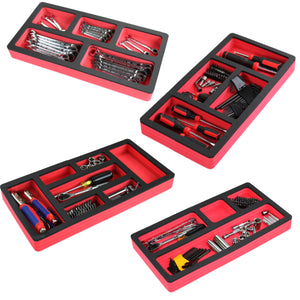 Tool Drawer Organizer 4-Piece Insert Set Red and Black Durable Foam Non-Slip Anti-Rattle Bin Holder Tray 20 x 10 Inch Large Pockets Fits Craftsman Husky Kobalt Milwaukee and Many Others