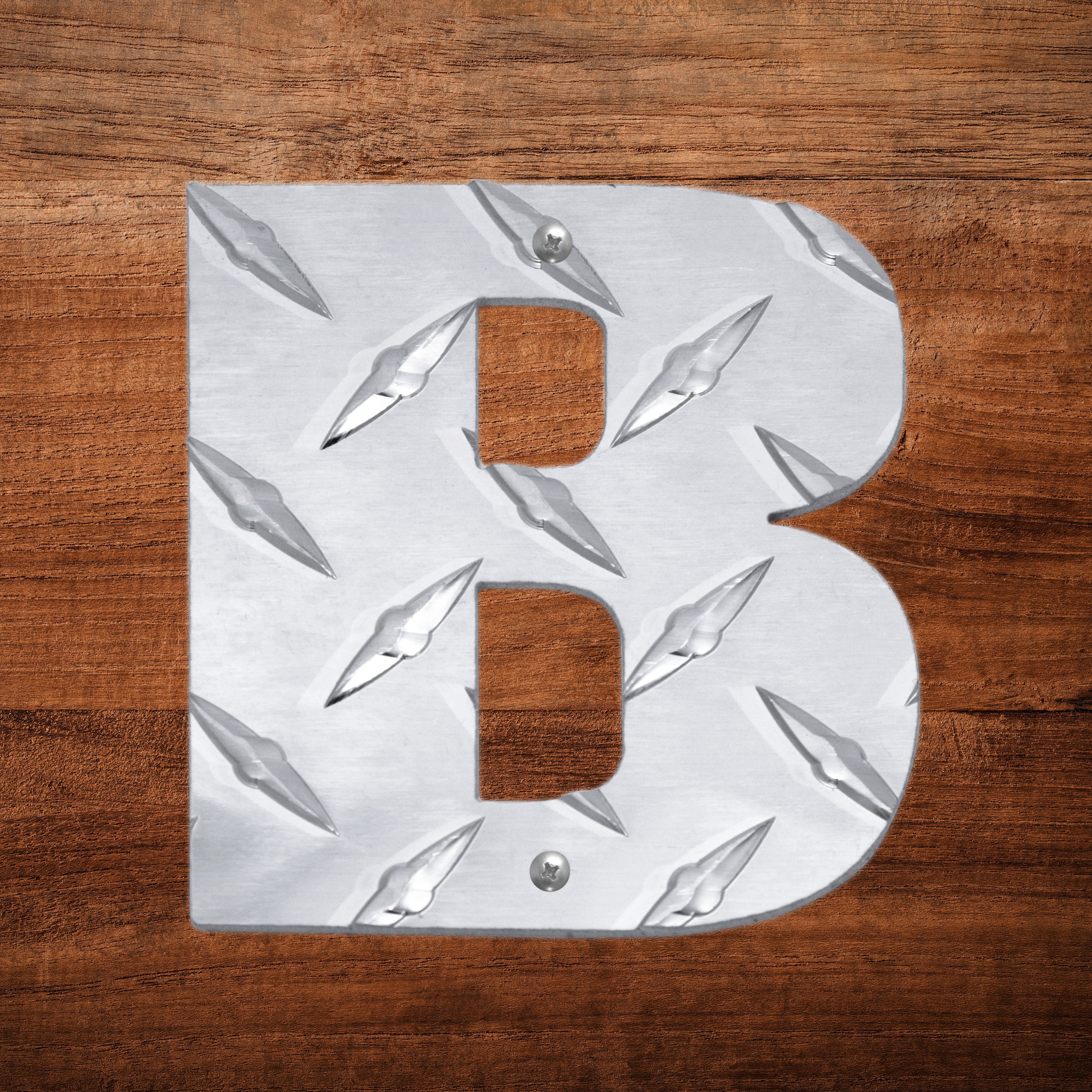 Letter B Hanging Metal Wall Decor Durable Polished Aluminum Diamond Tread Pattern Indoor Outdoor with Mounting Hardware 4 Inches Tall